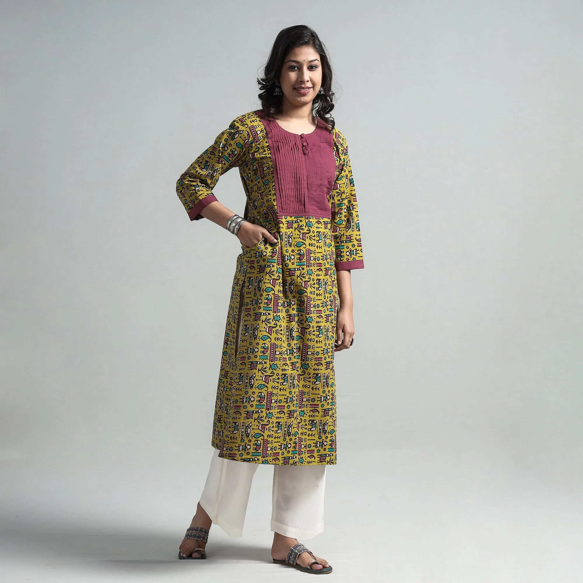 Yellow - Kalamkari Printed Cotton Pintuck Long Straight Kurta sold by Itokri product image thumbnail 3