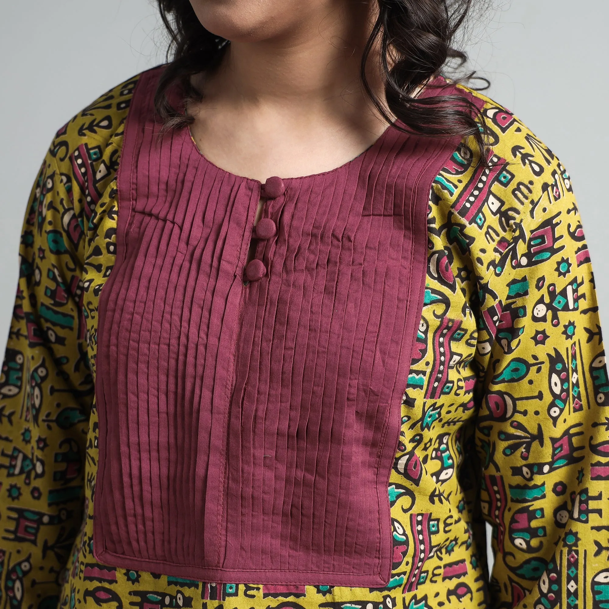 Yellow - Kalamkari Printed Cotton Pintuck Long Straight Kurta sold by Itokri product image thumbnail 5