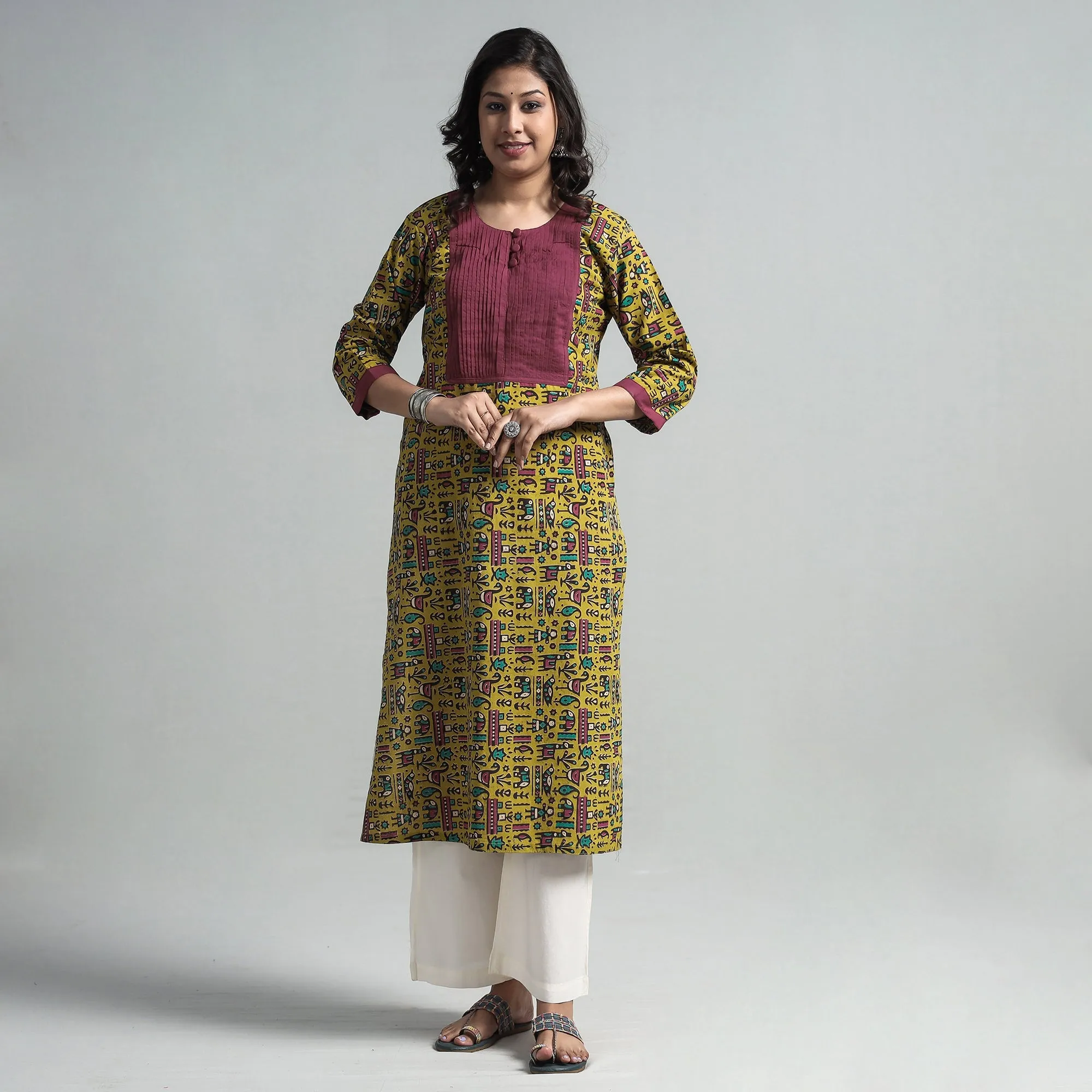 Yellow - Kalamkari Printed Cotton Pintuck Long Straight Kurta sold by Itokri product image thumbnail 4