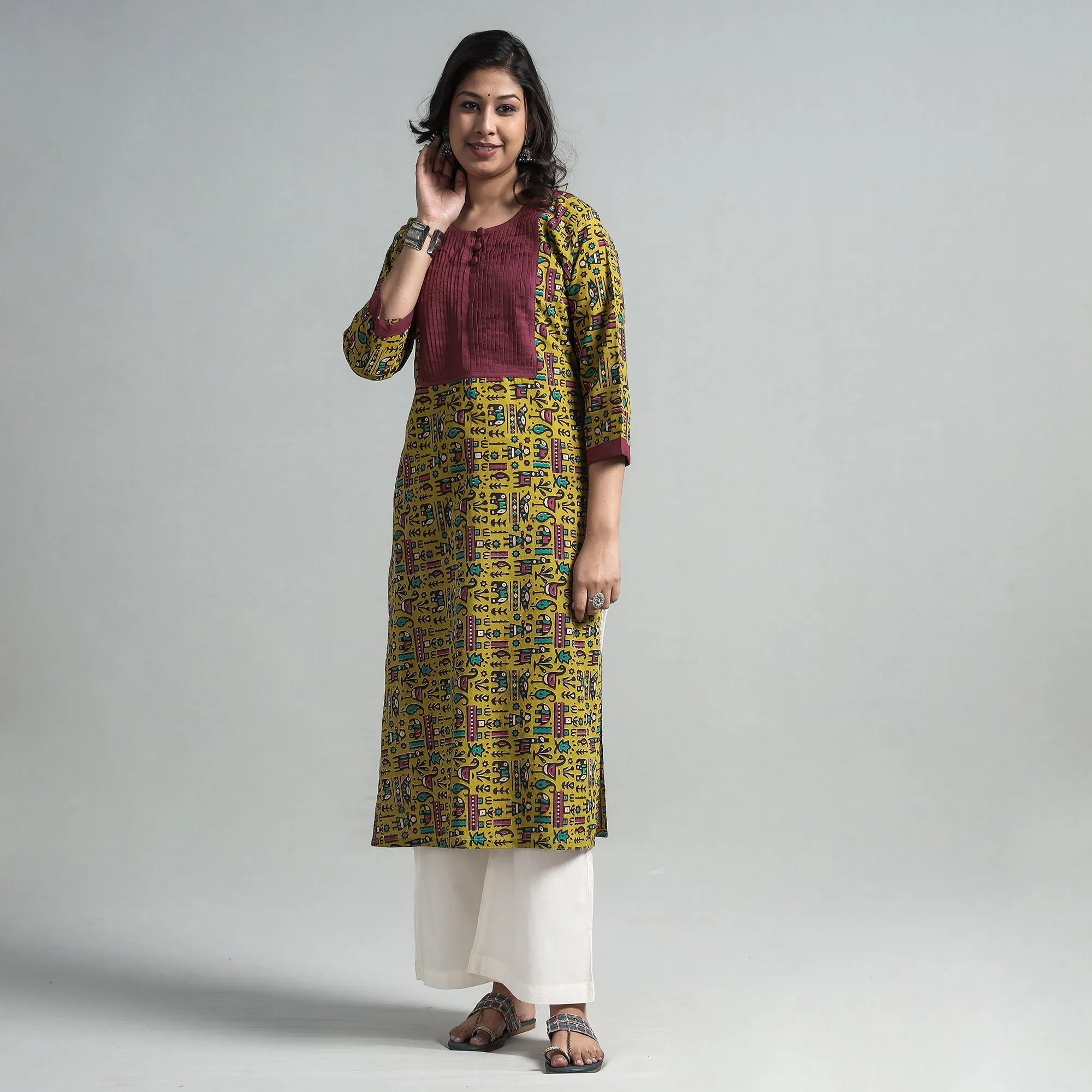 Yellow - Kalamkari Printed Cotton Pintuck Long Straight Kurta sold by Itokri product image thumbnail 2