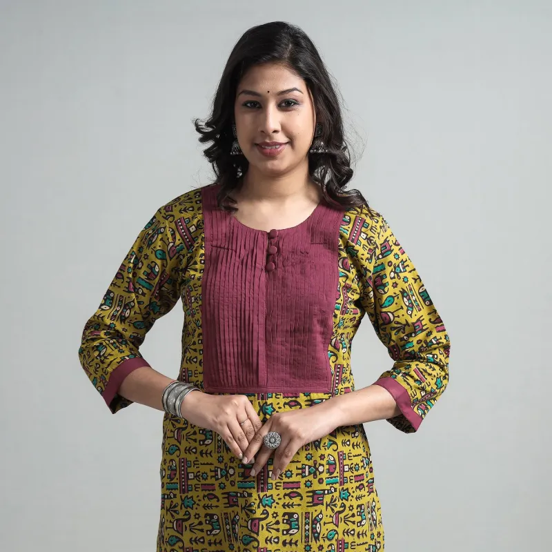 Yellow - Kalamkari Printed Cotton Pintuck Long Straight Kurta made by Itokri
