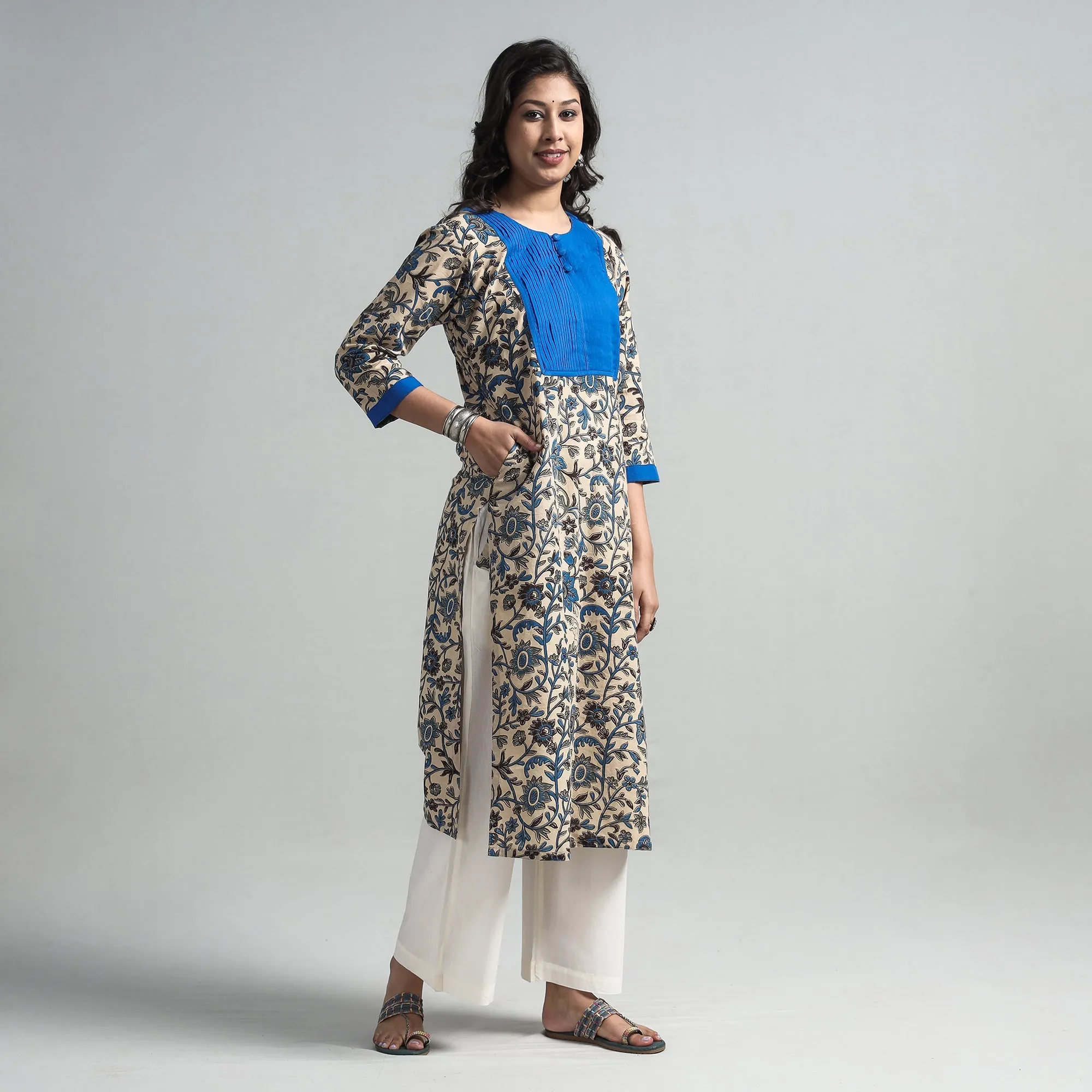 Beige - Kalamkari Printed Cotton Pintuck Long Straight Kurta sold by Itokri product image thumbnail 3