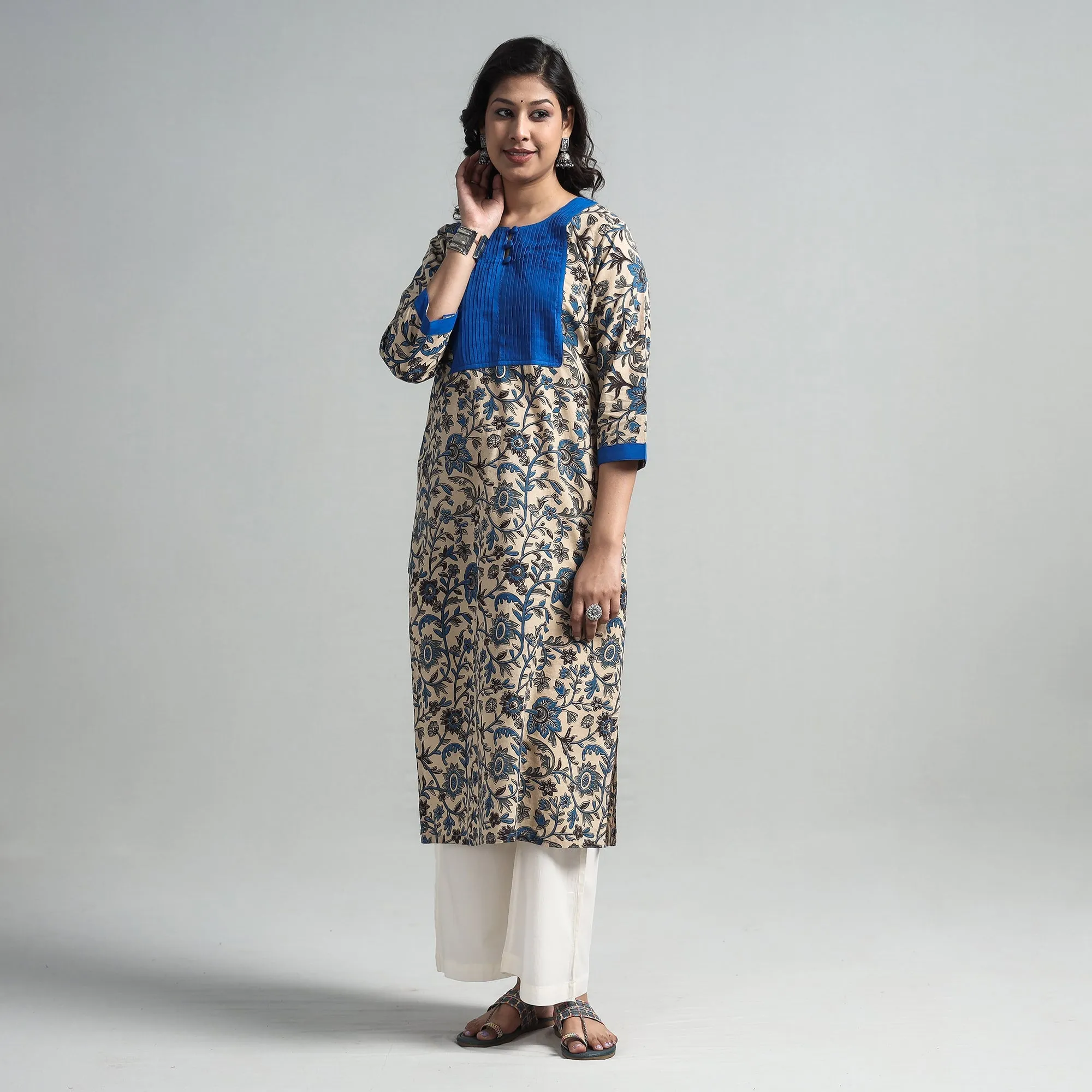 Beige - Kalamkari Printed Cotton Pintuck Long Straight Kurta sold by Itokri product image thumbnail 2