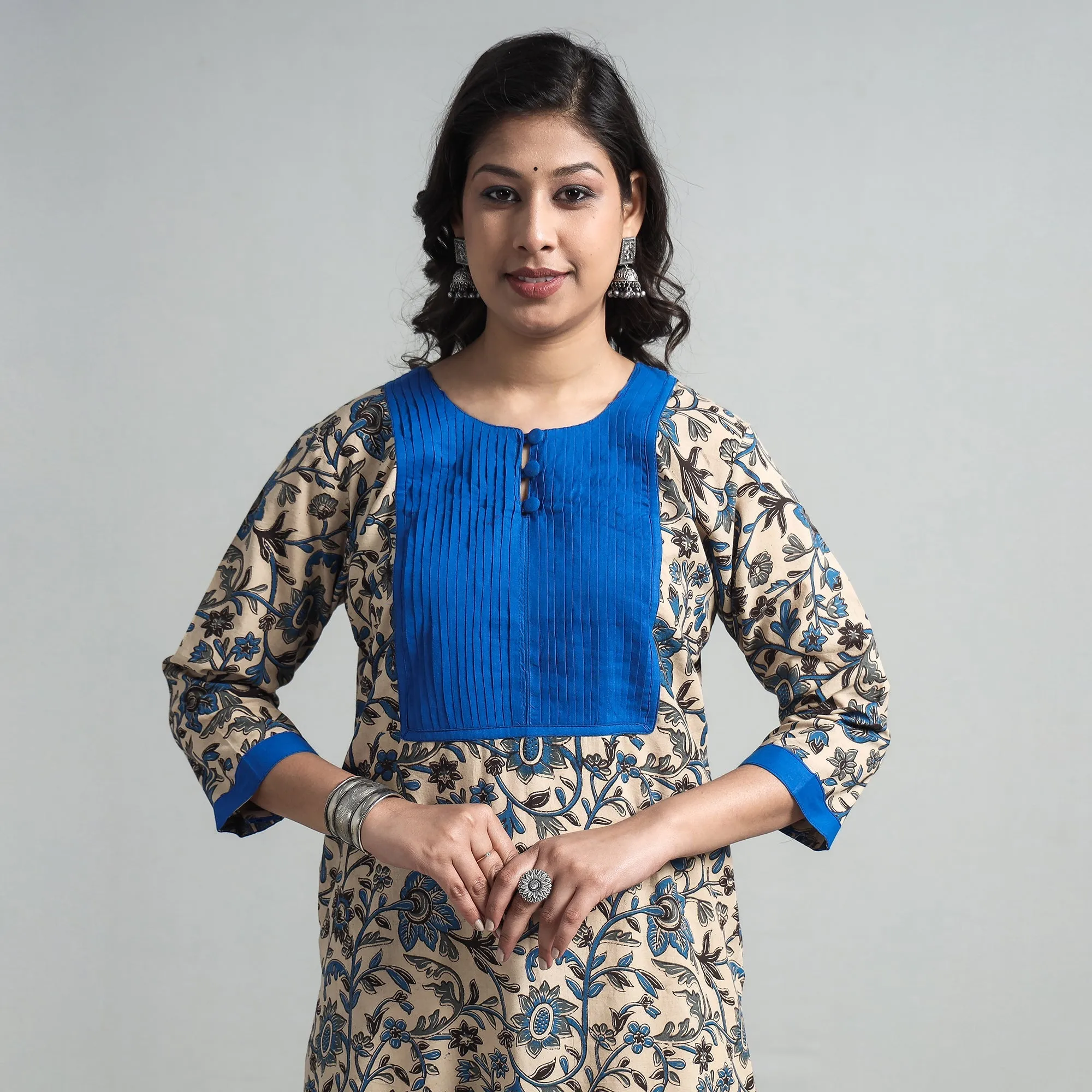 Beige - Kalamkari Printed Cotton Pintuck Long Straight Kurta sold by Itokri