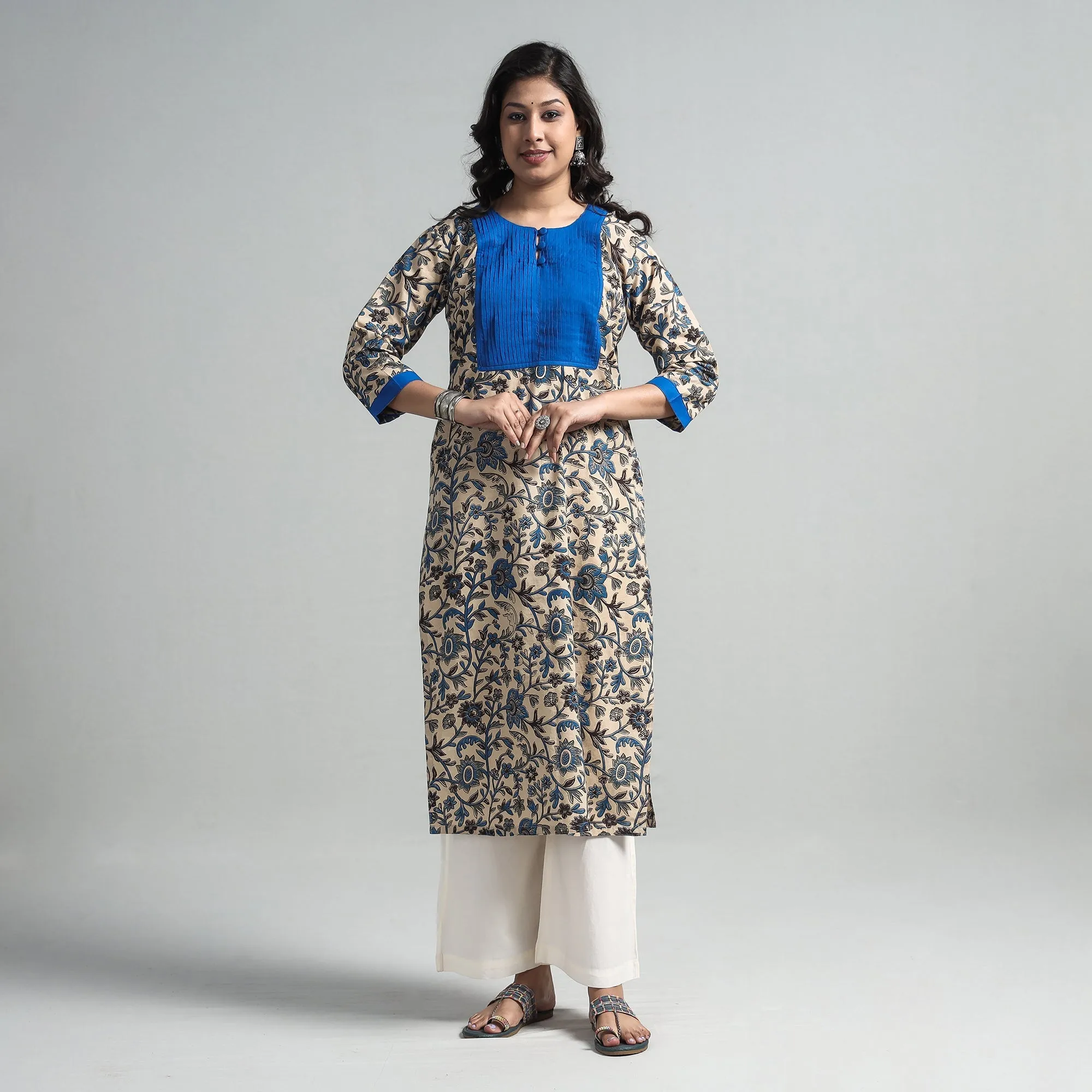 Beige - Kalamkari Printed Cotton Pintuck Long Straight Kurta sold by Itokri product image thumbnail 4