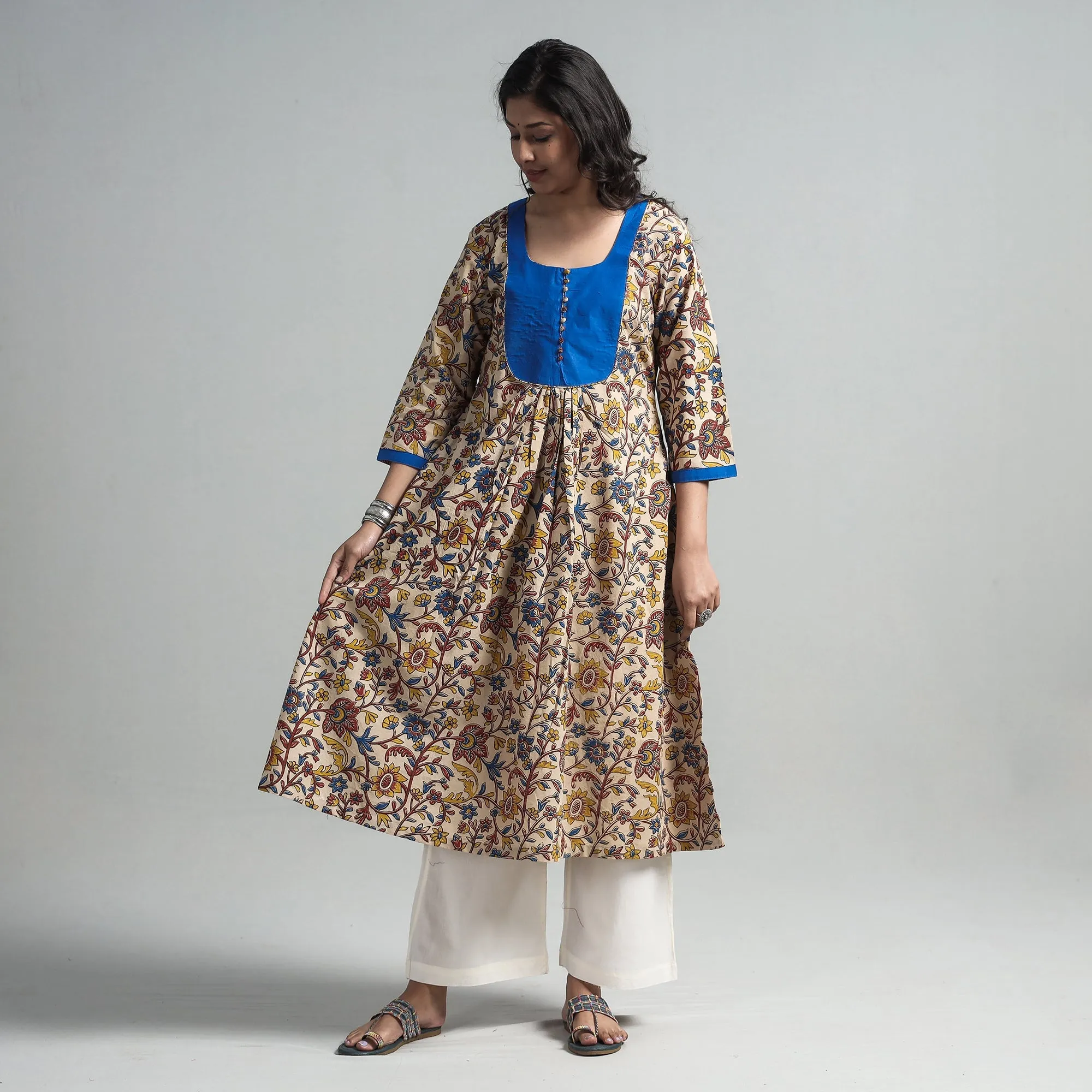Beige - Kalamkari Printed Cotton A-Line Long Kurta with Patchwork sold by Itokri product image thumbnail 2