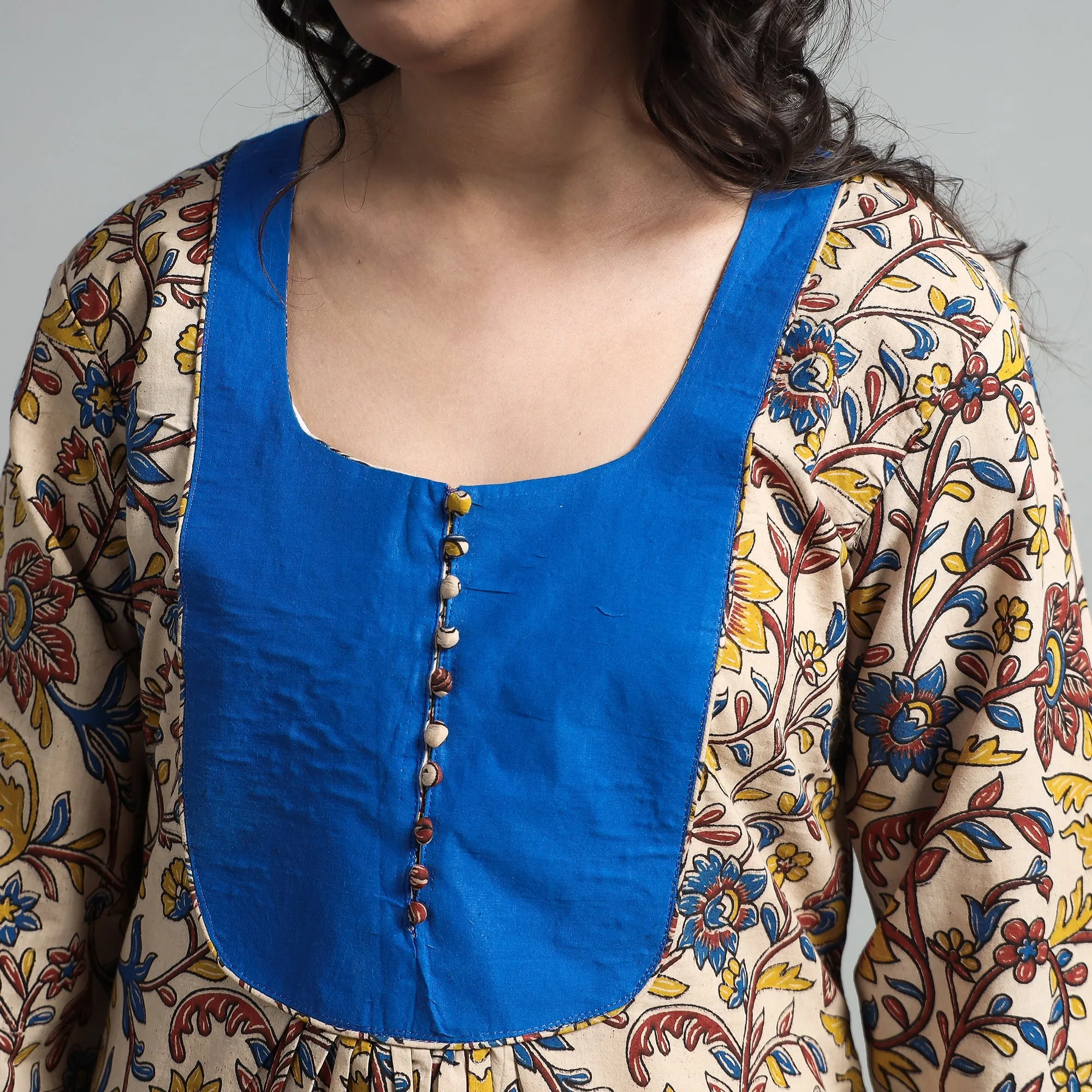 Beige - Kalamkari Printed Cotton A-Line Long Kurta with Patchwork sold by Itokri product image thumbnail 5