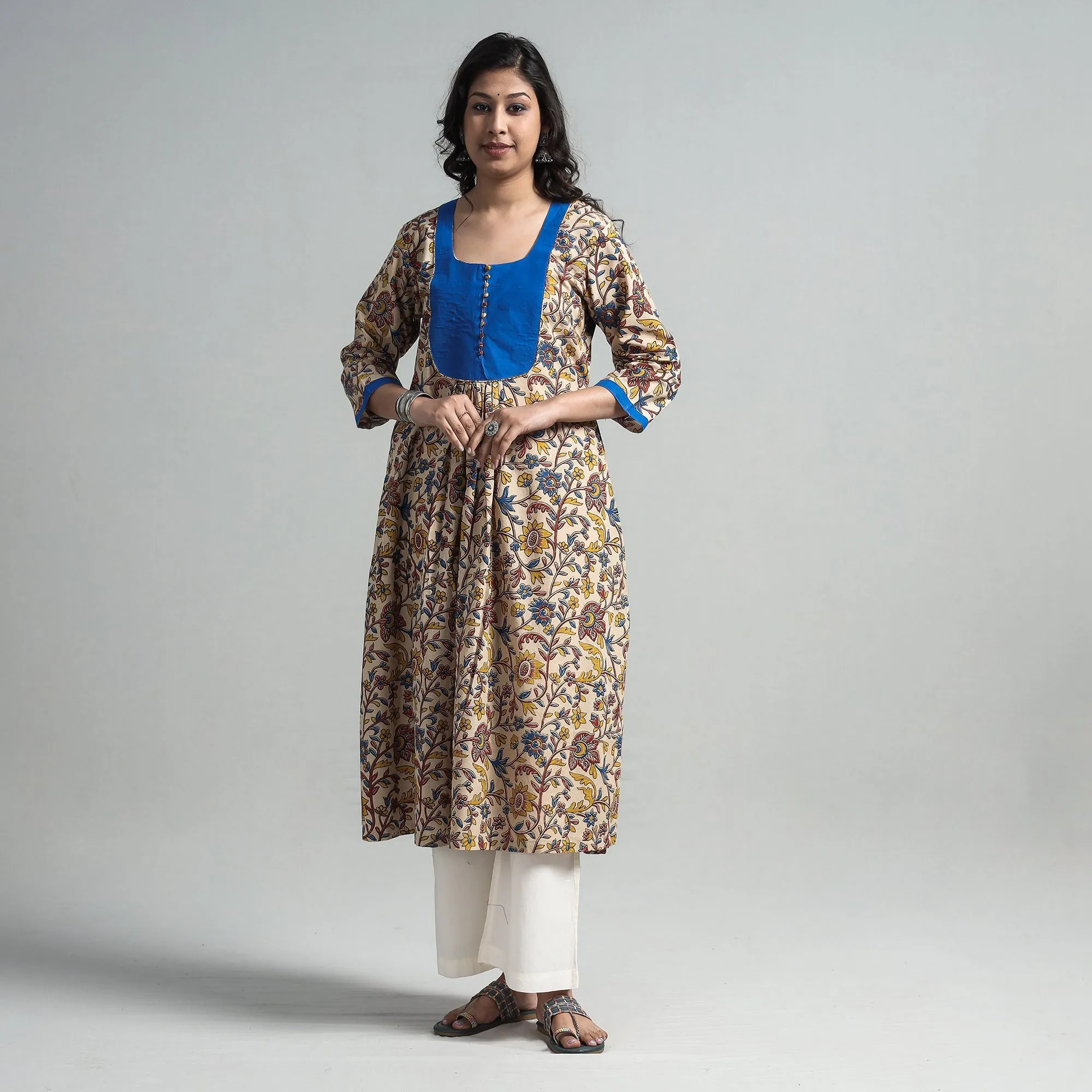 Beige - Kalamkari Printed Cotton A-Line Long Kurta with Patchwork sold by Itokri product image thumbnail 4