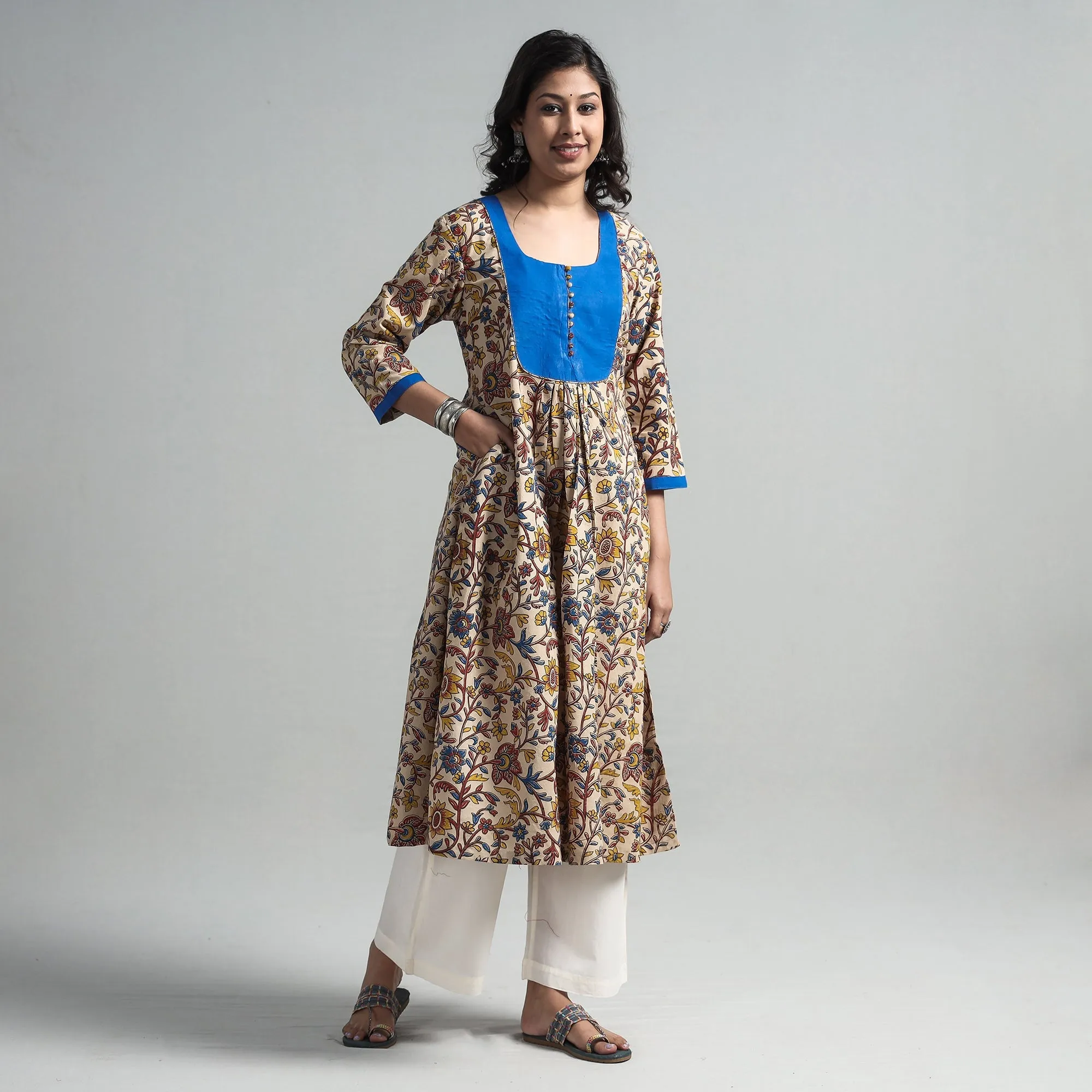 Beige - Kalamkari Printed Cotton A-Line Long Kurta with Patchwork sold by Itokri product image thumbnail 3