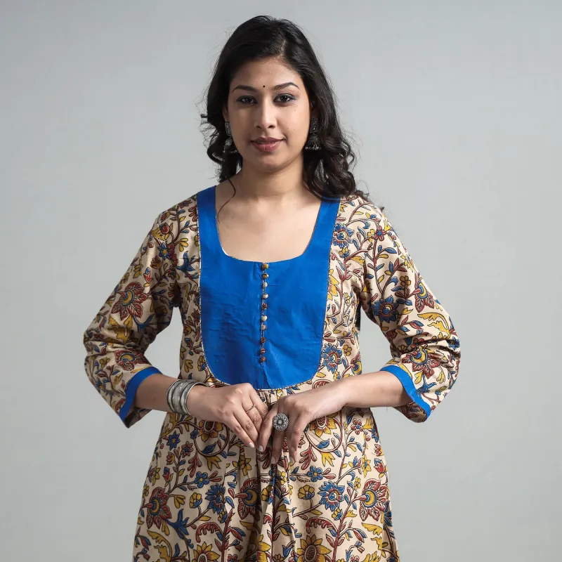 Beige - Kalamkari Printed Cotton A-Line Long Kurta with Patchwork made by Itokri