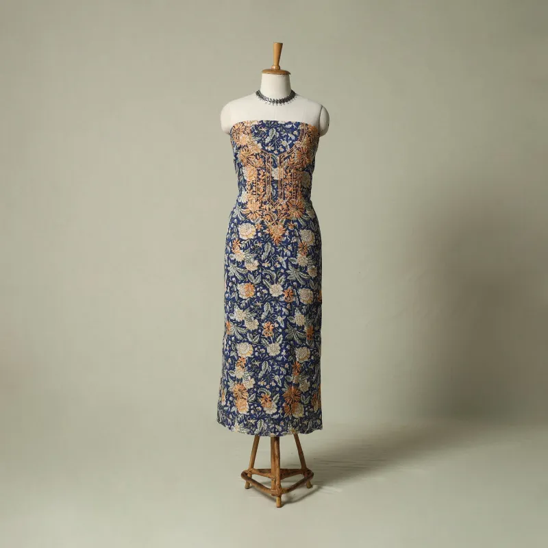 Blue - Lucknowi Chikankari Hand Embroidery Sanganeri Unstitched Kurta Material (2.5M) 87 made by Itokri