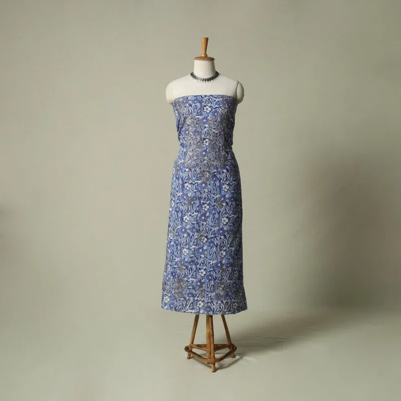 Blue - Lucknowi Chikankari Hand Embroidery Sanganeri Unstitched Kurta Material (2.5M) 92 made by Itokri