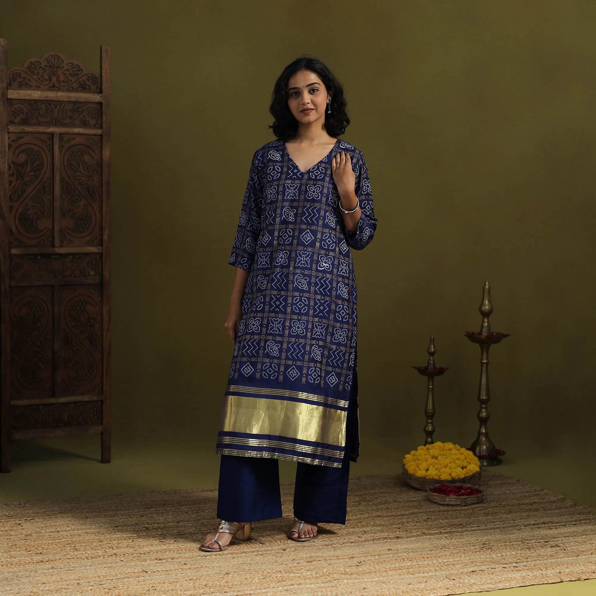 Blue - Silk Bandhani Kurta Set with Lagdi Patta (Set of 2) 07 sold by Itokri product image thumbnail 3