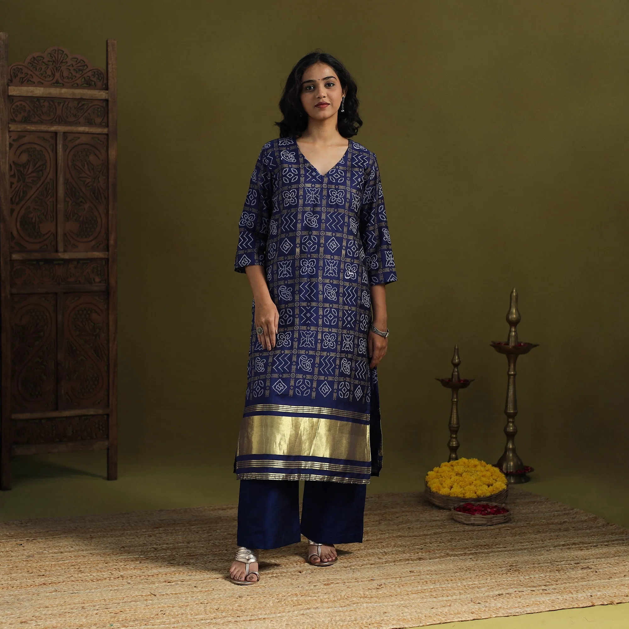 Blue - Silk Bandhani Kurta Set with Lagdi Patta (Set of 2) 07 sold by Itokri