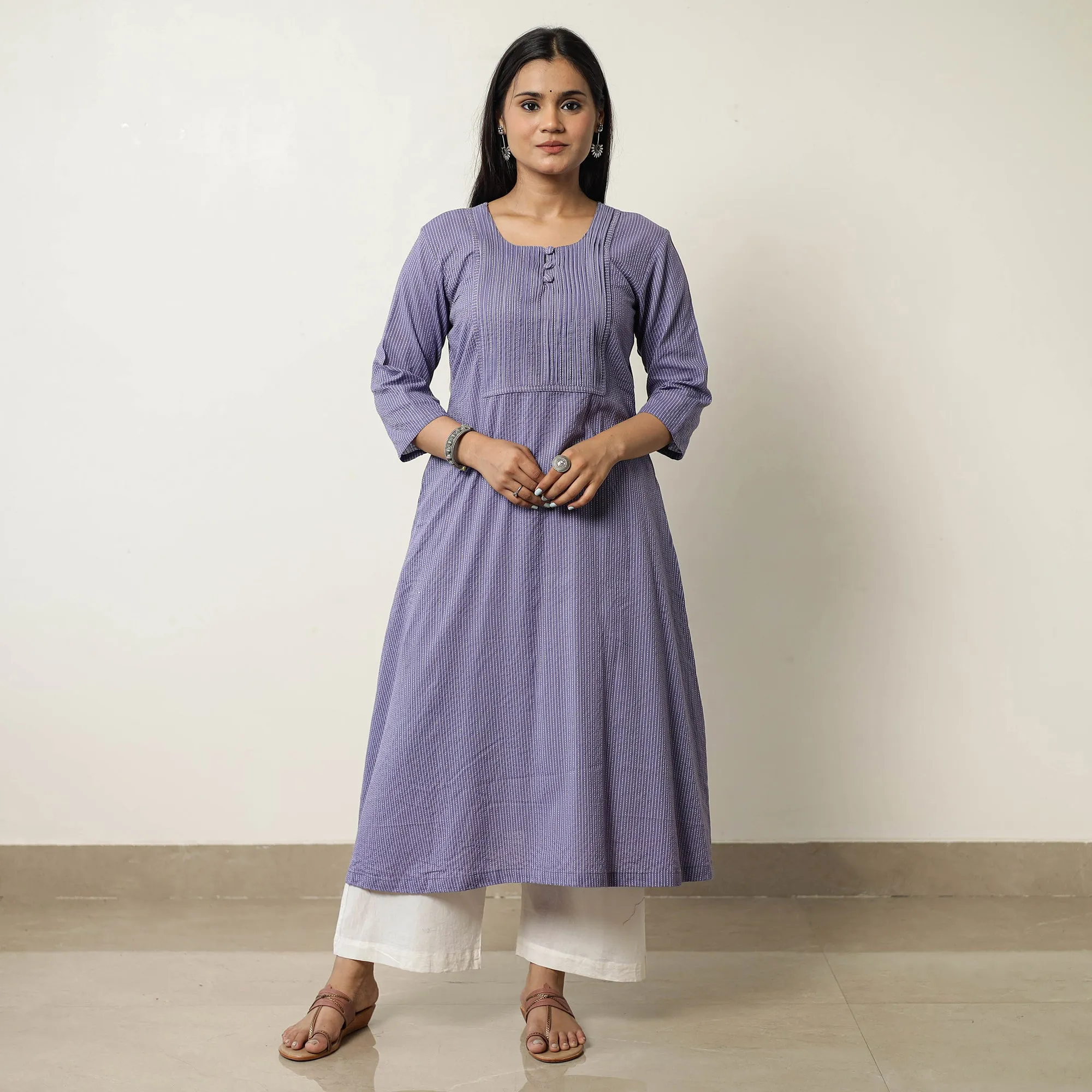 Purple - Plain Running Stitch Pintuck Cotton A-Line Kurta for Women 36 sold by Itokri