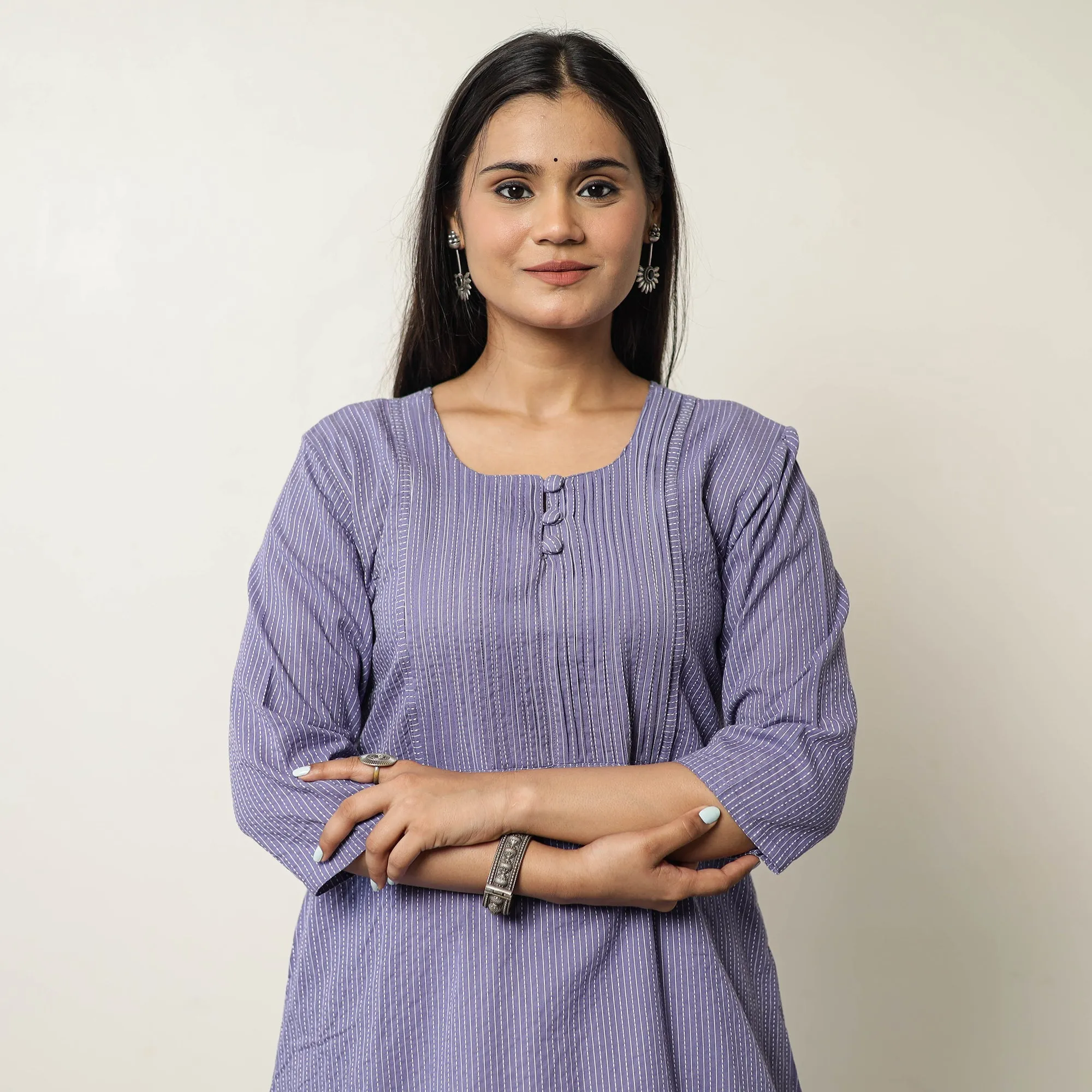 Purple - Plain Running Stitch Pintuck Cotton A-Line Kurta for Women 36 sold by Itokri product image thumbnail 3