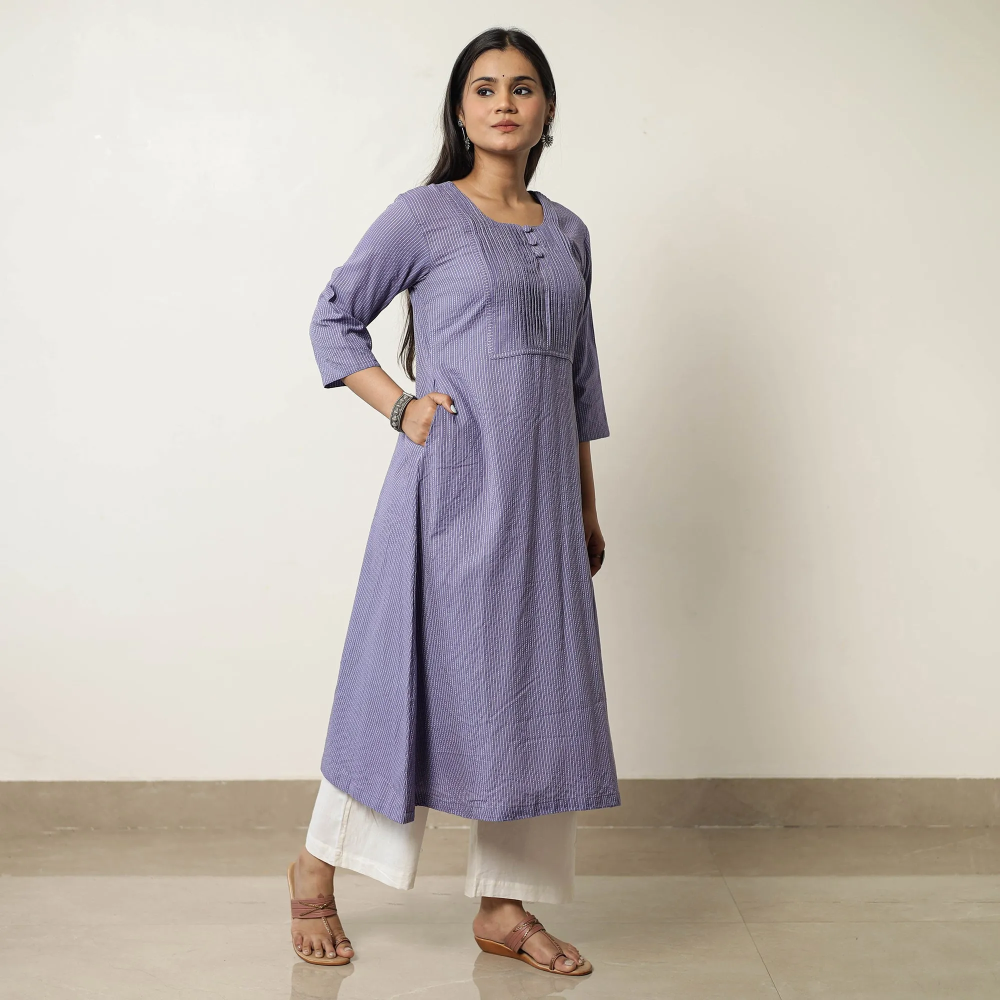 Purple - Plain Running Stitch Pintuck Cotton A-Line Kurta for Women 36 sold by Itokri product image thumbnail 2