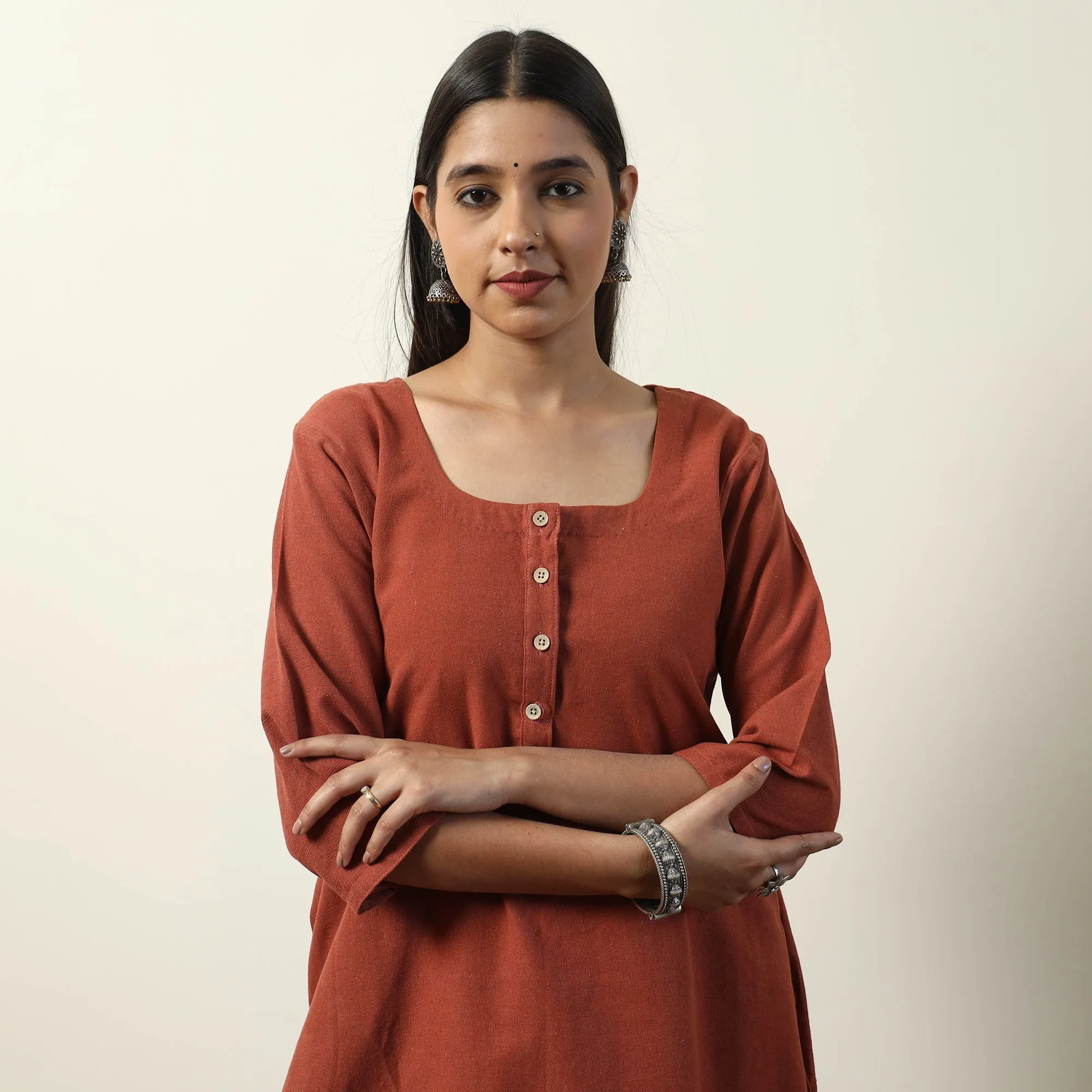 Dark Orange - Jhiri Handloom Cotton Straight Long Kurta sold by Itokri product image thumbnail 4