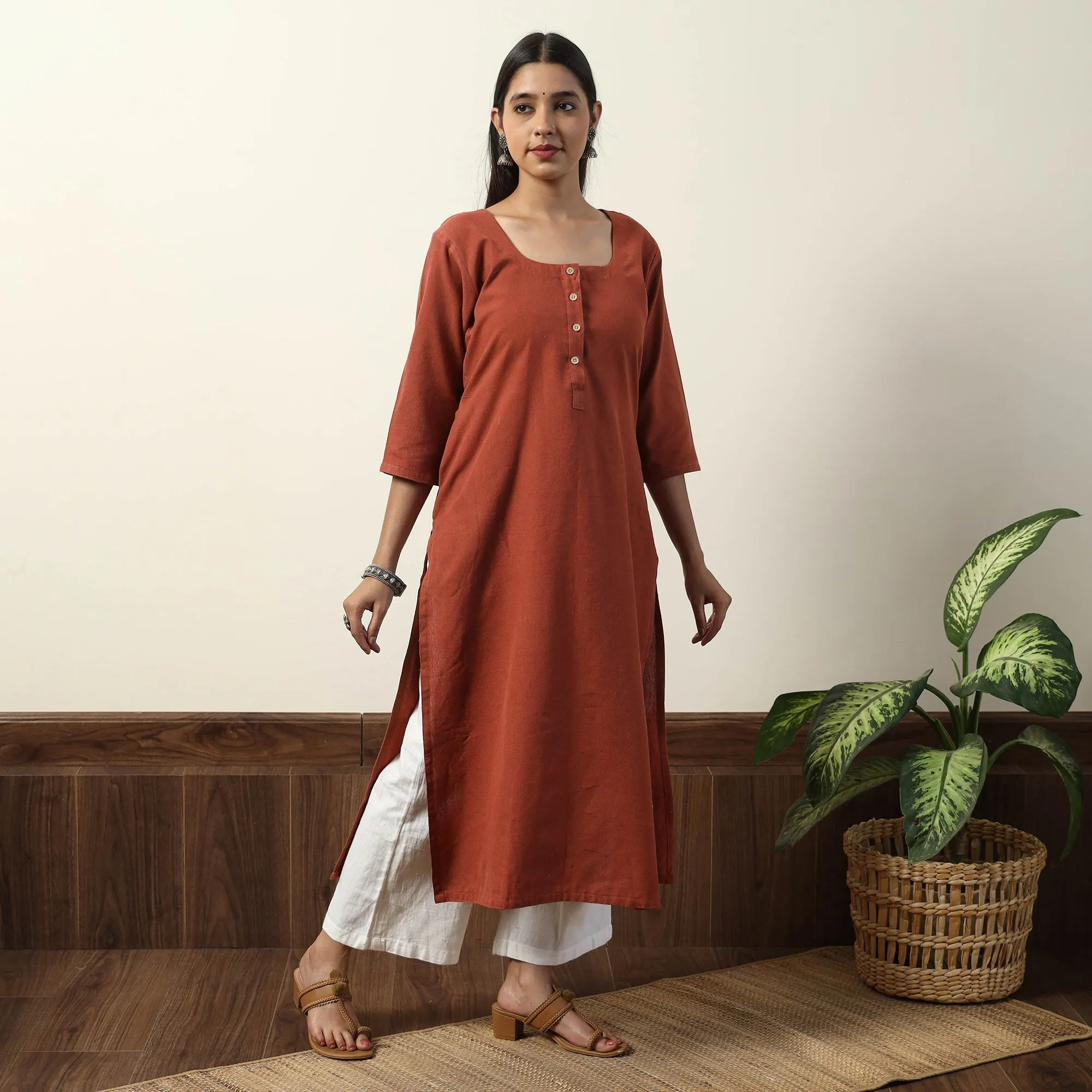 Dark Orange - Jhiri Handloom Cotton Straight Long Kurta sold by Itokri product image thumbnail 3