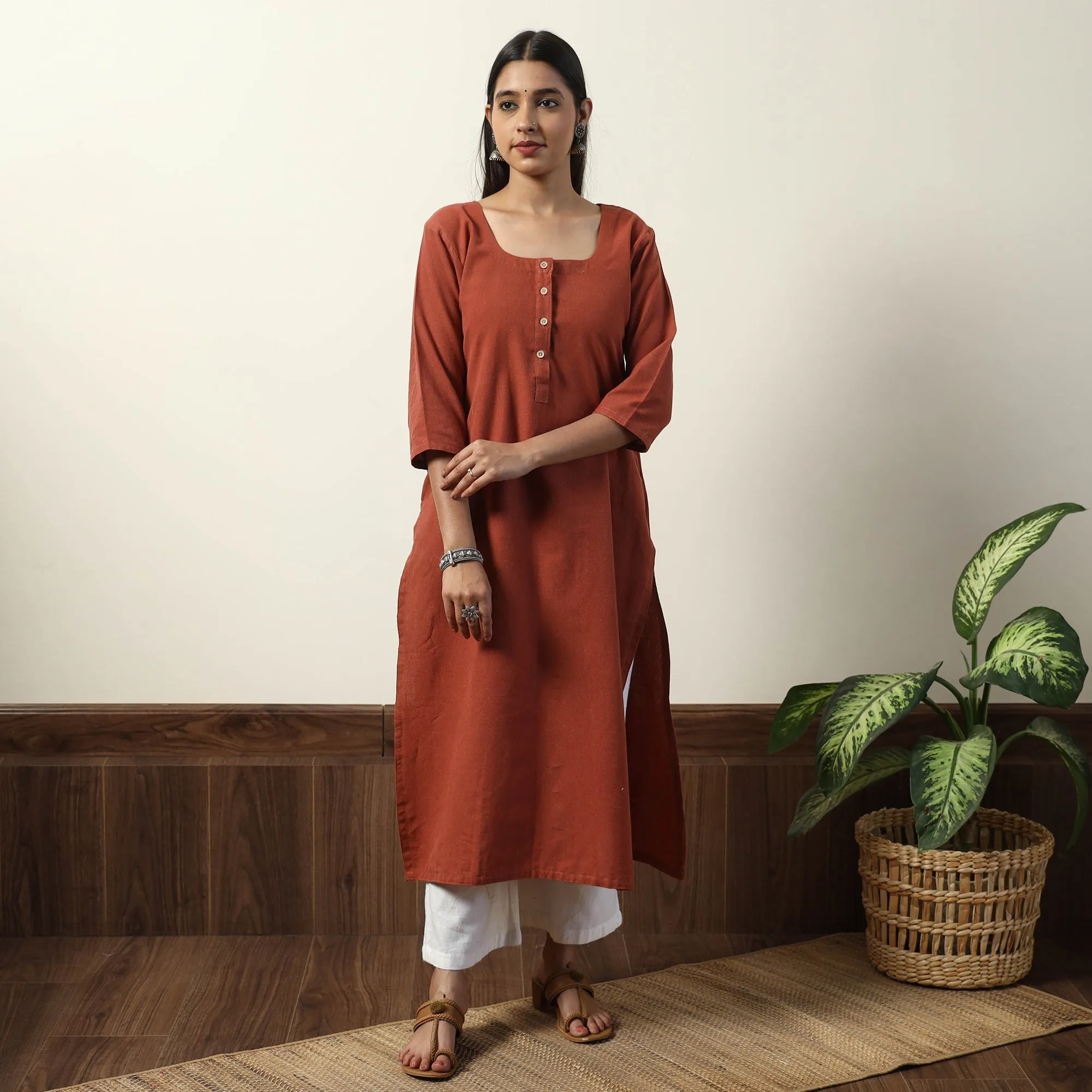 Dark Orange - Jhiri Handloom Cotton Straight Long Kurta sold by Itokri product image thumbnail 2