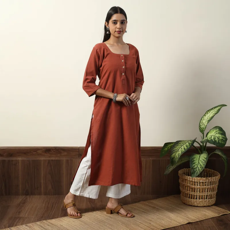 Dark Orange - Jhiri Handloom Cotton Straight Long Kurta made by Itokri