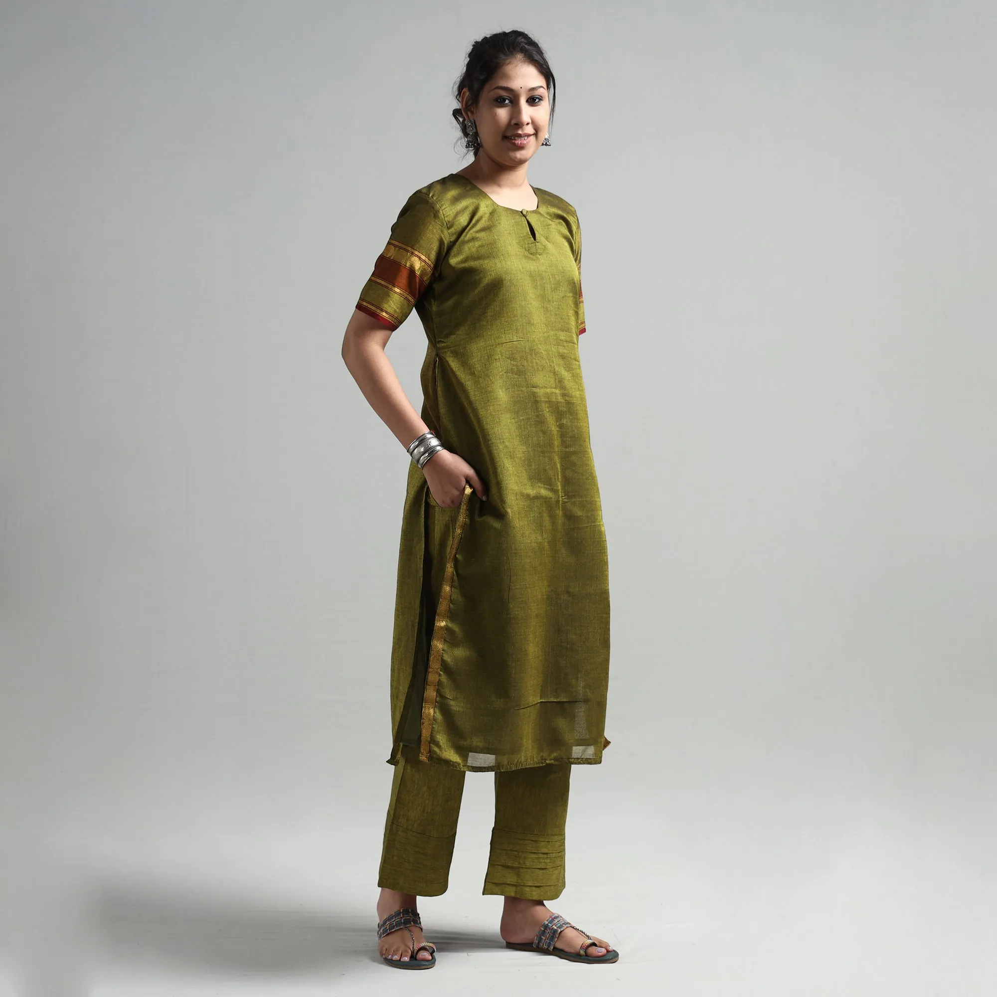 Mehendi Green - Dharwad Cotton Kurta with Palazzo & Dupatta Set sold by Itokri product image thumbnail 4