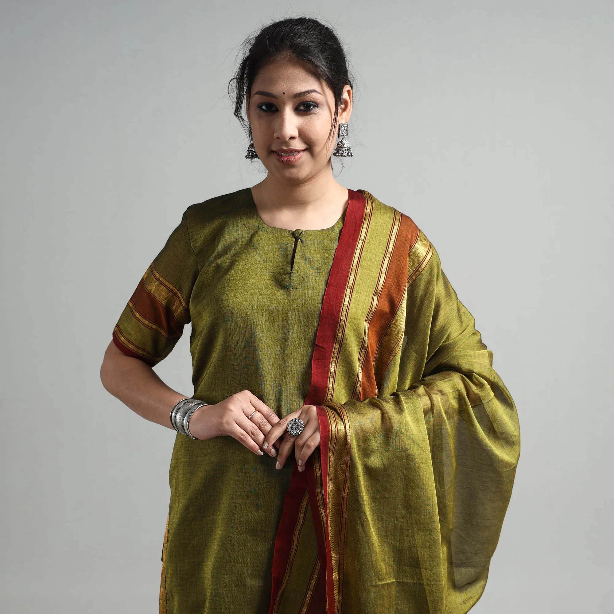 Mehendi Green - Dharwad Cotton Kurta with Palazzo & Dupatta Set sold by Itokri product image thumbnail 3