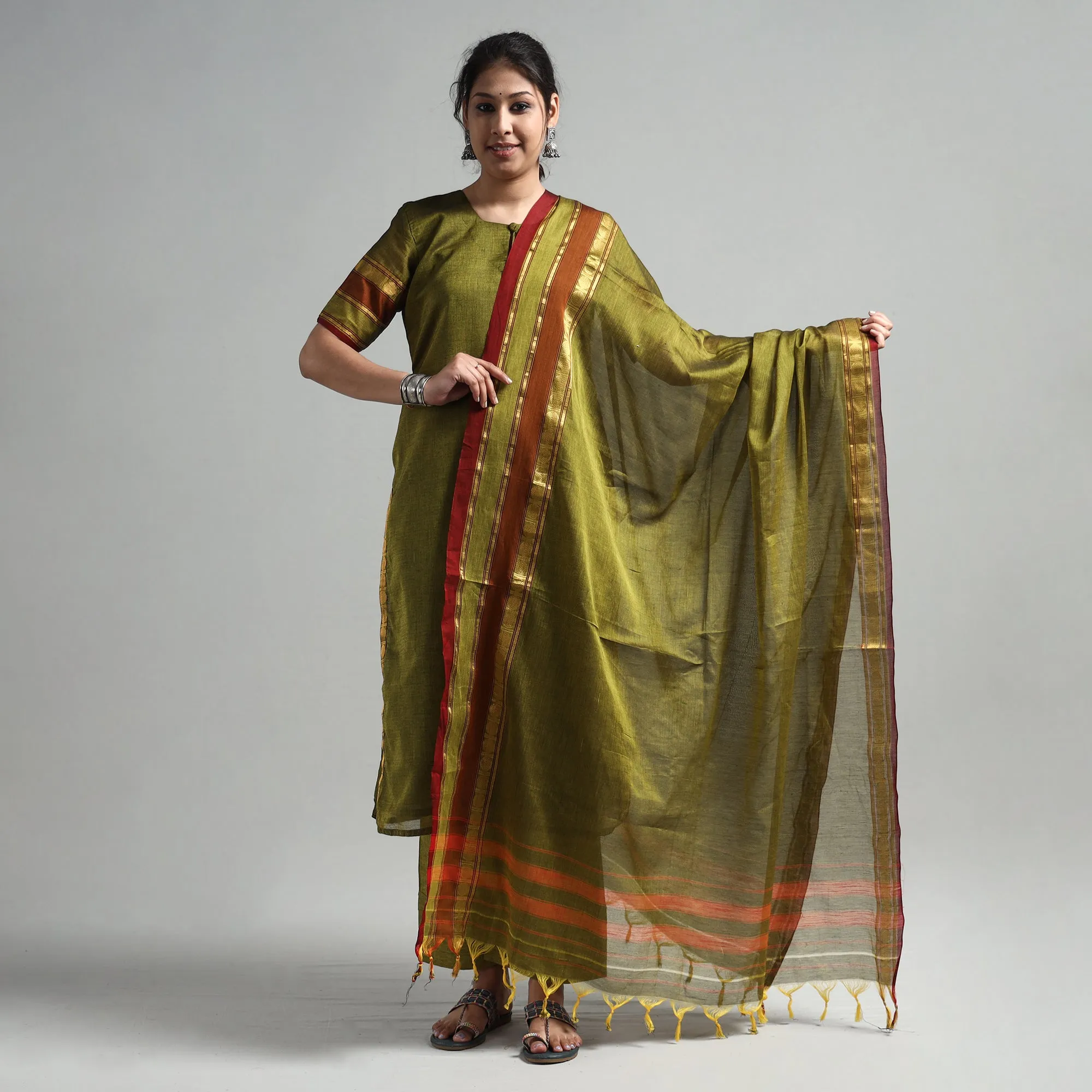 Mehendi Green - Dharwad Cotton Kurta with Palazzo & Dupatta Set sold by Itokri