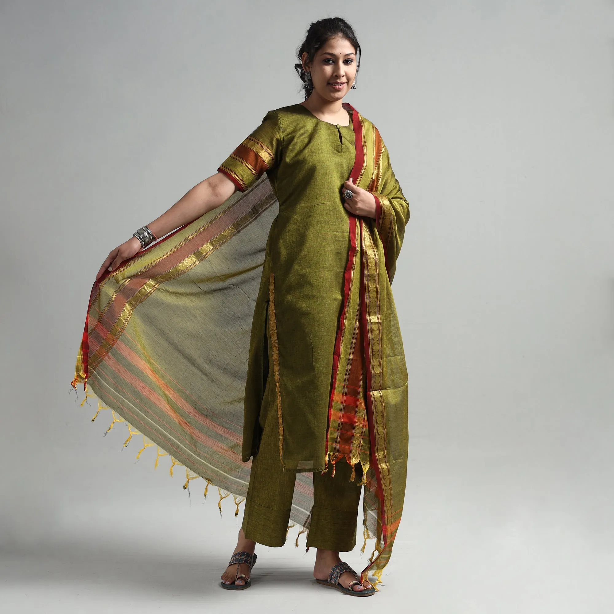 Mehendi Green - Dharwad Cotton Kurta with Palazzo & Dupatta Set sold by Itokri product image thumbnail 2