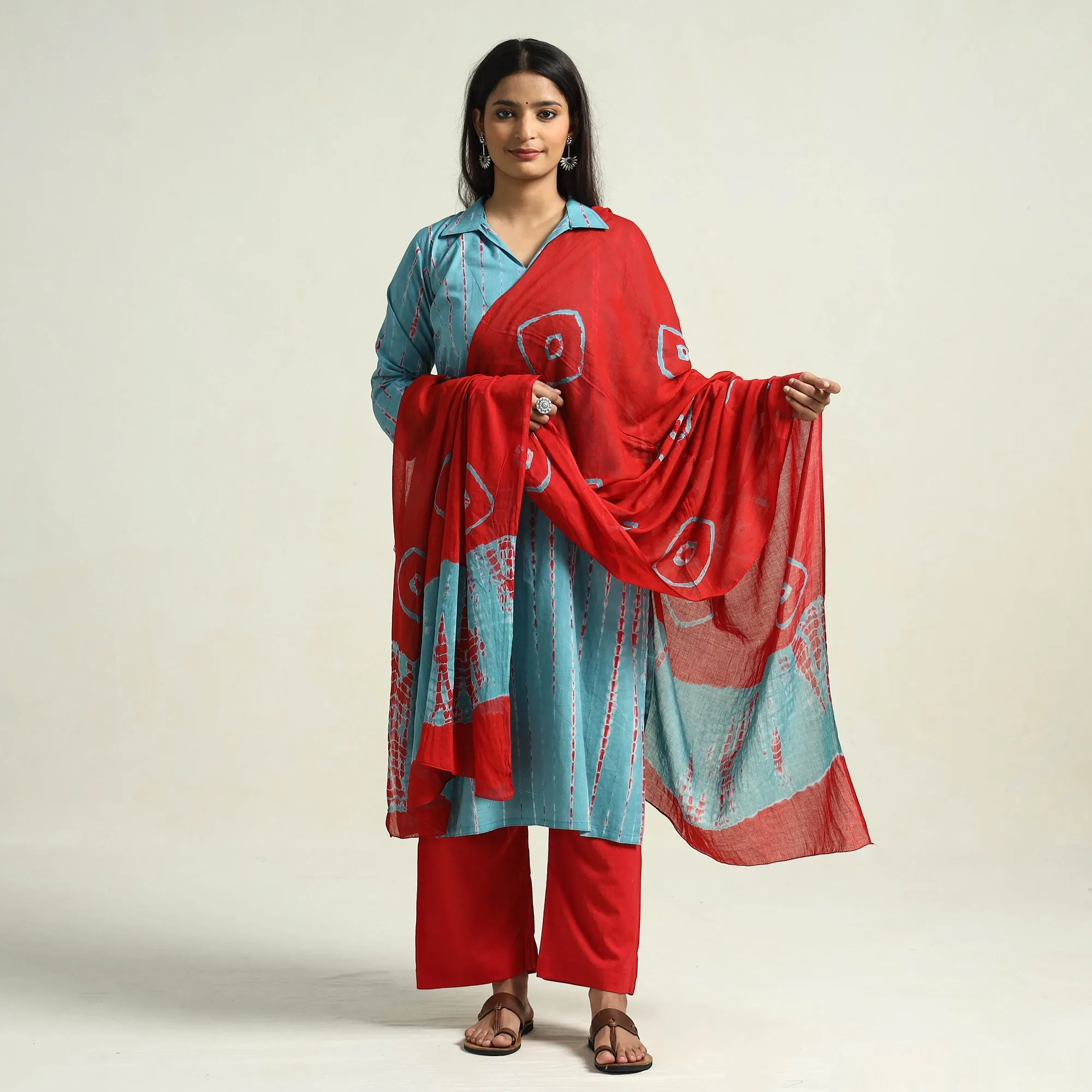 Sky Blue - Shibori Tye-Dye Mul Cotton Kurta with Palazzo & Dupatta Set sold by Itokri product image thumbnail 2
