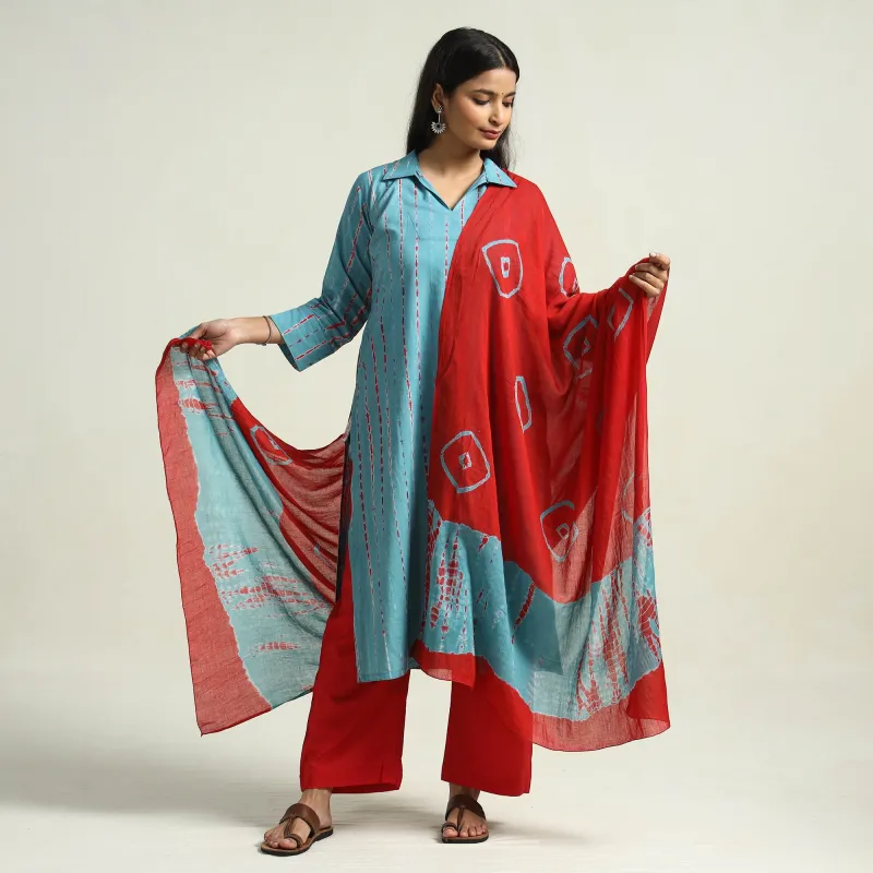 Sky Blue - Shibori Tye-Dye Mul Cotton Kurta with Palazzo & Dupatta Set made by Itokri
