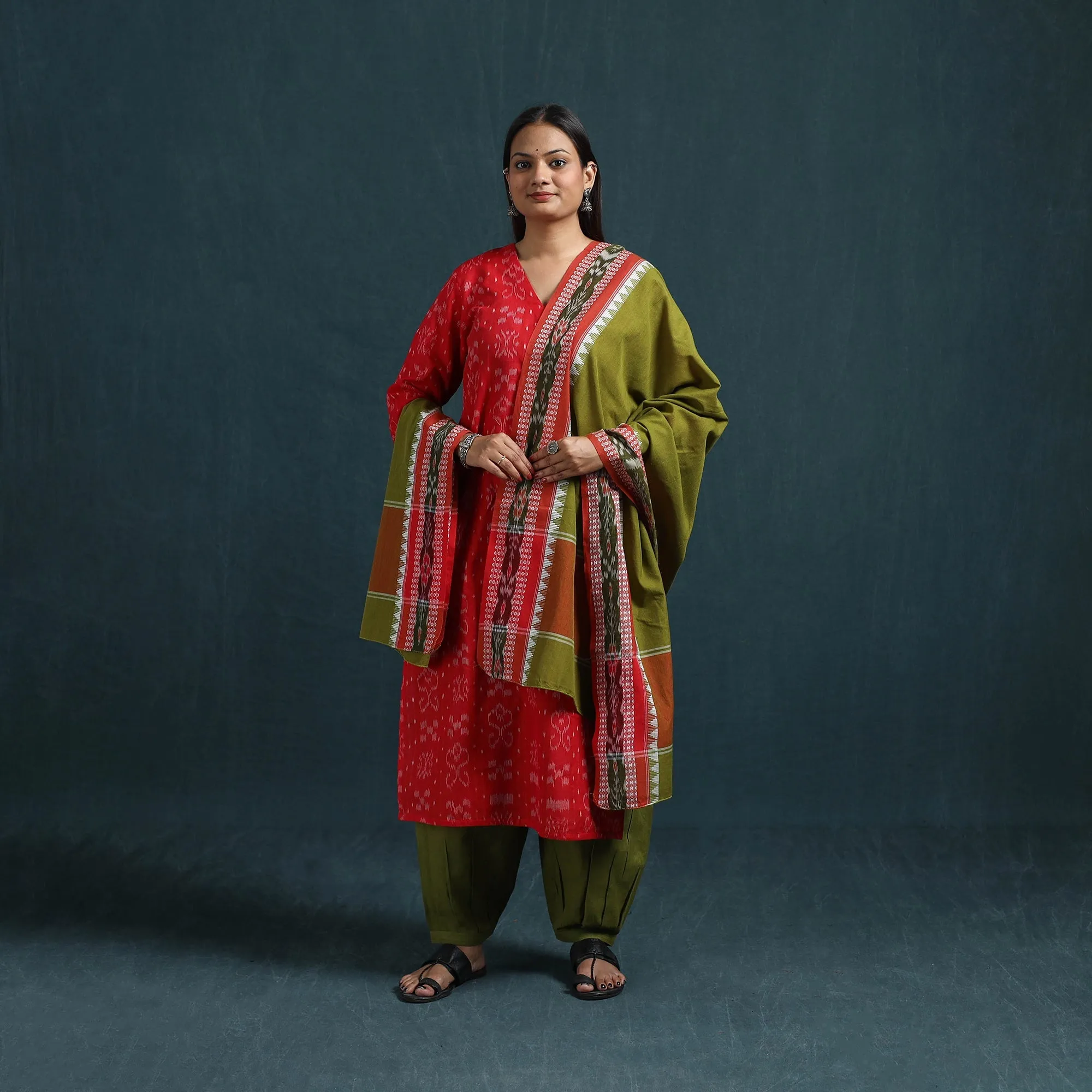 Red - Sambalpuri Ikat Pure Cotton Suit Set with Dupatta for women 13 sold by Itokri