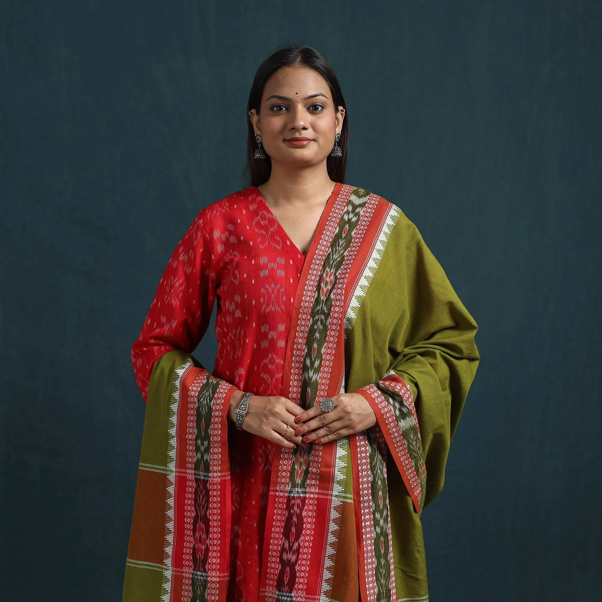 Red - Sambalpuri Ikat Pure Cotton Suit Set with Dupatta for women 13 sold by Itokri product image thumbnail 2