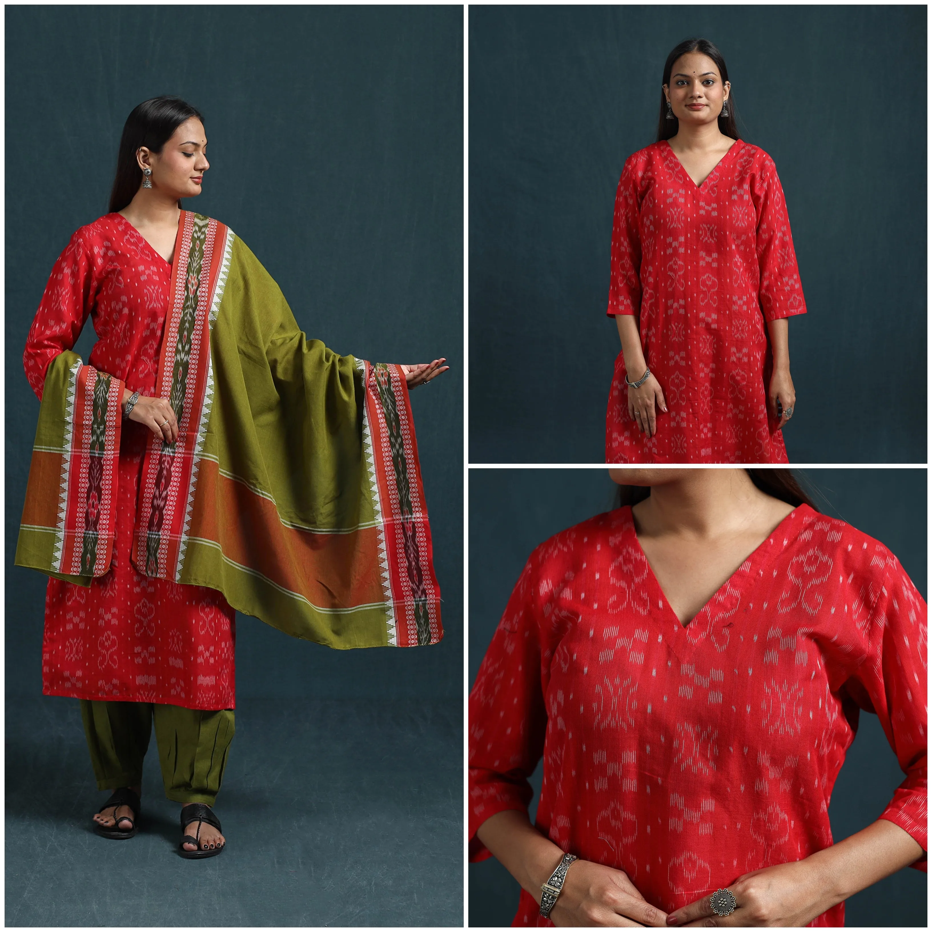 Red - Sambalpuri Ikat Pure Cotton Suit Set with Dupatta for women 13 sold by Itokri product image thumbnail 3