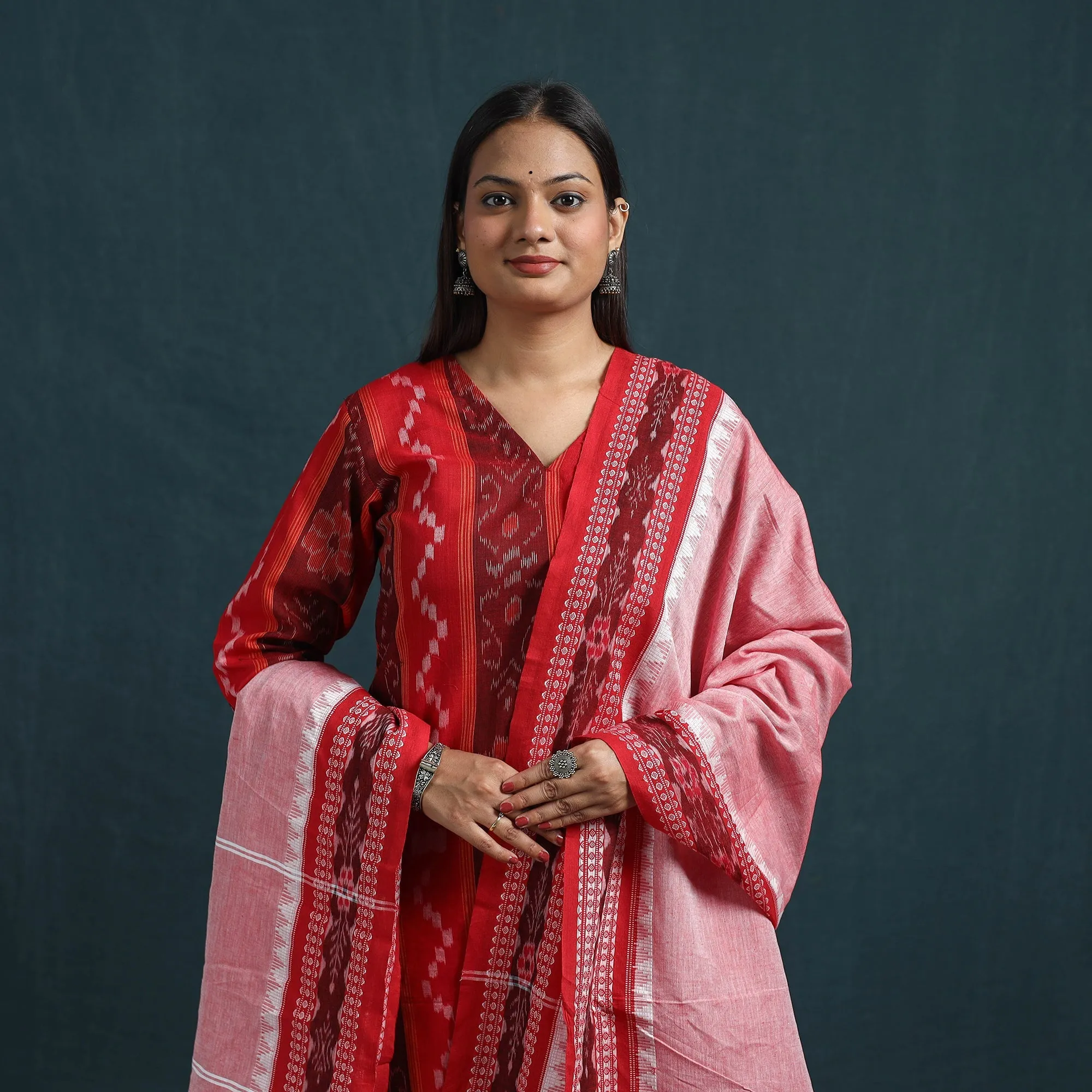 Red - Sambalpuri Ikat Pure Cotton Suit Set with Dupatta for women 11 sold by Itokri product image thumbnail 2