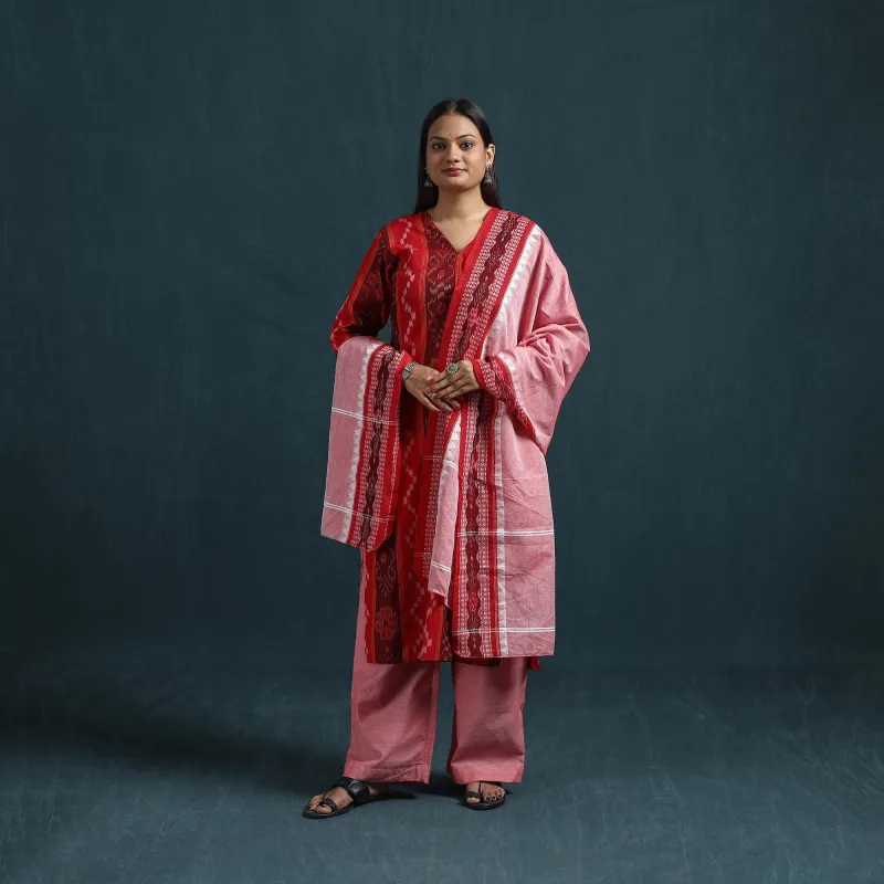 Red - Sambalpuri Ikat Pure Cotton Suit Set with Dupatta for women 11 made by Itokri