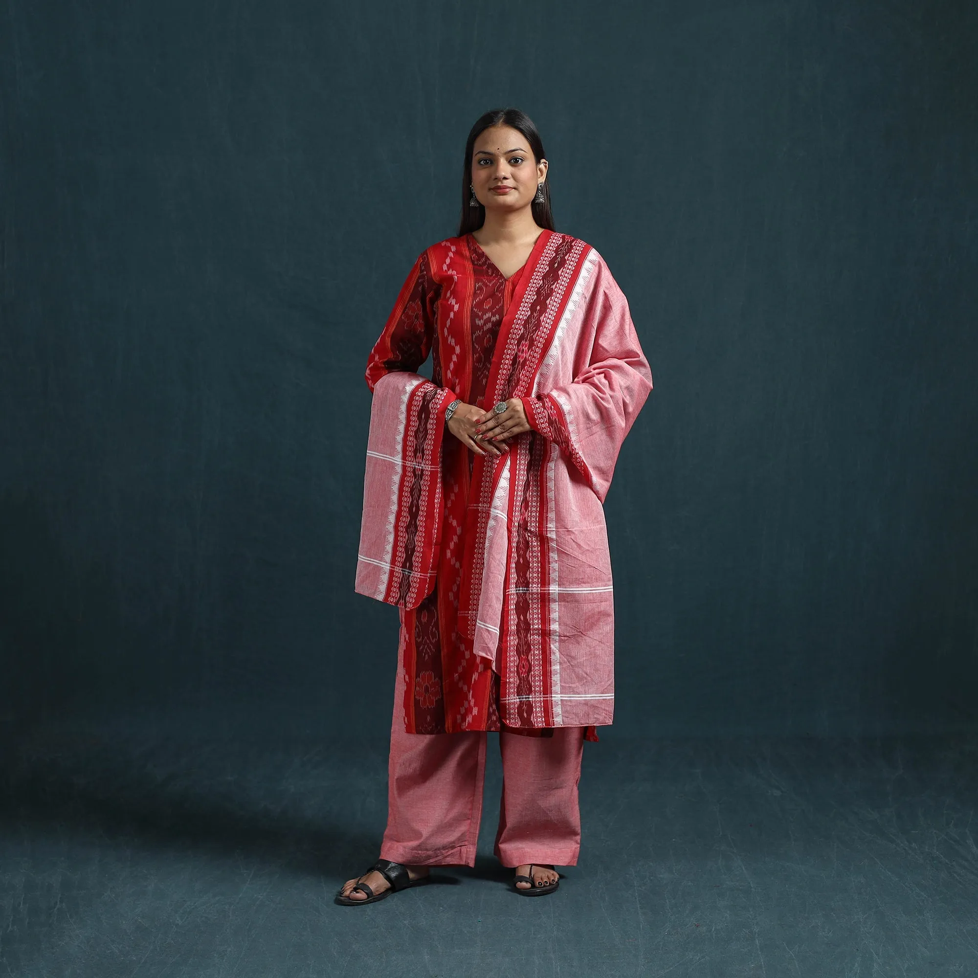 Red - Sambalpuri Ikat Pure Cotton Suit Set with Dupatta for women 11 sold by Itokri