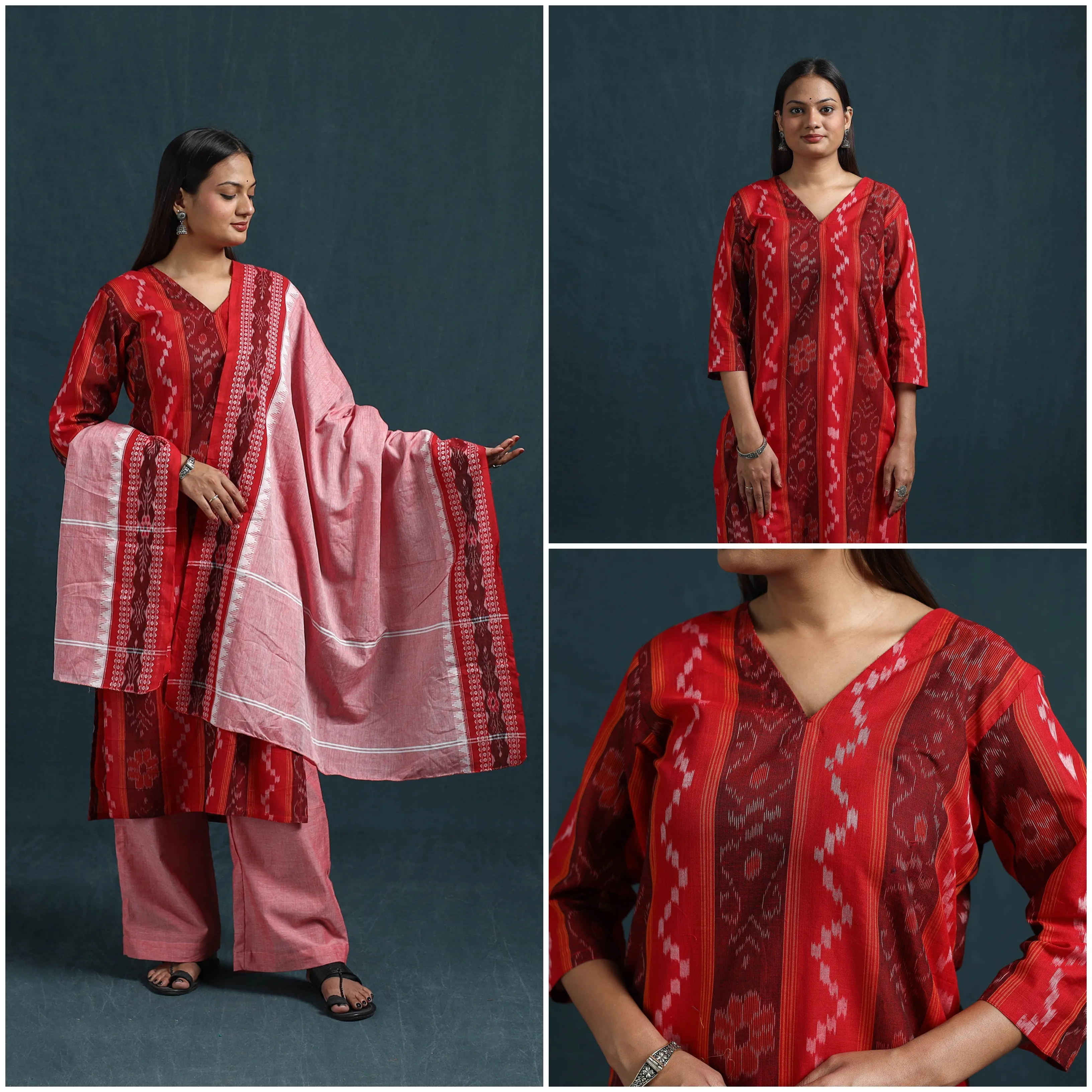 Red - Sambalpuri Ikat Pure Cotton Suit Set with Dupatta for women 11 sold by Itokri product image thumbnail 3
