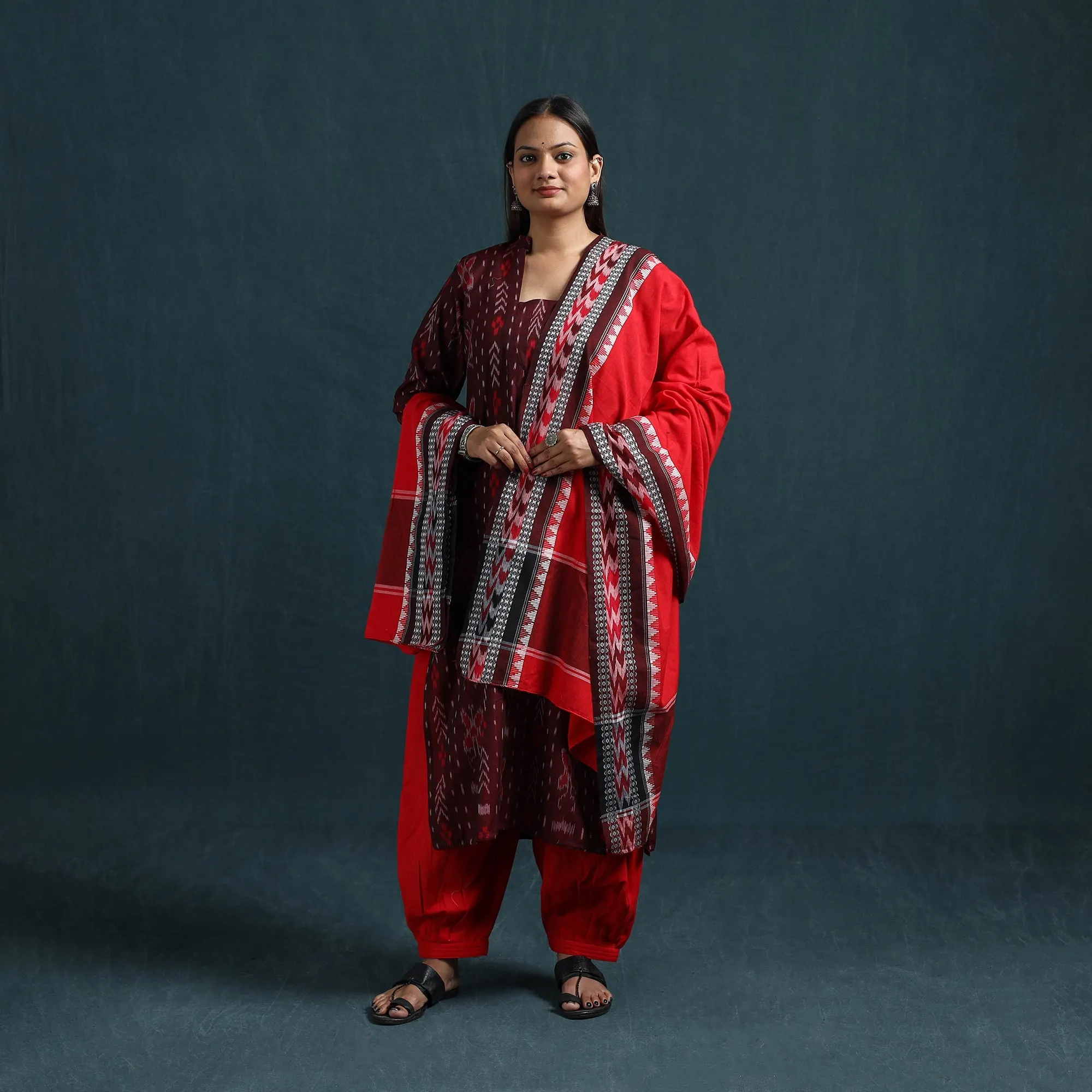 Maroon - Sambalpuri Ikat Pure Cotton Suit Set with Dupatta for women 01 sold by Itokri