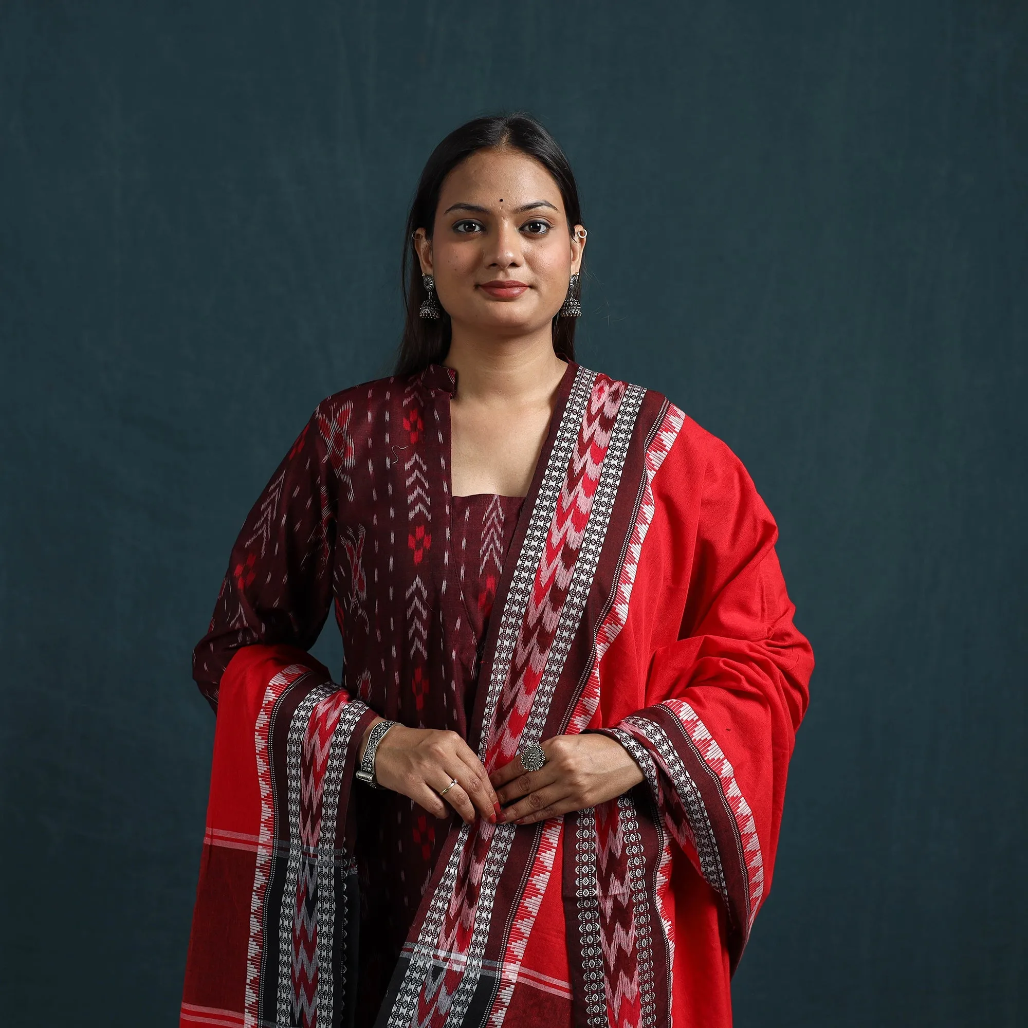 Maroon - Sambalpuri Ikat Pure Cotton Suit Set with Dupatta for women 01 sold by Itokri product image thumbnail 2