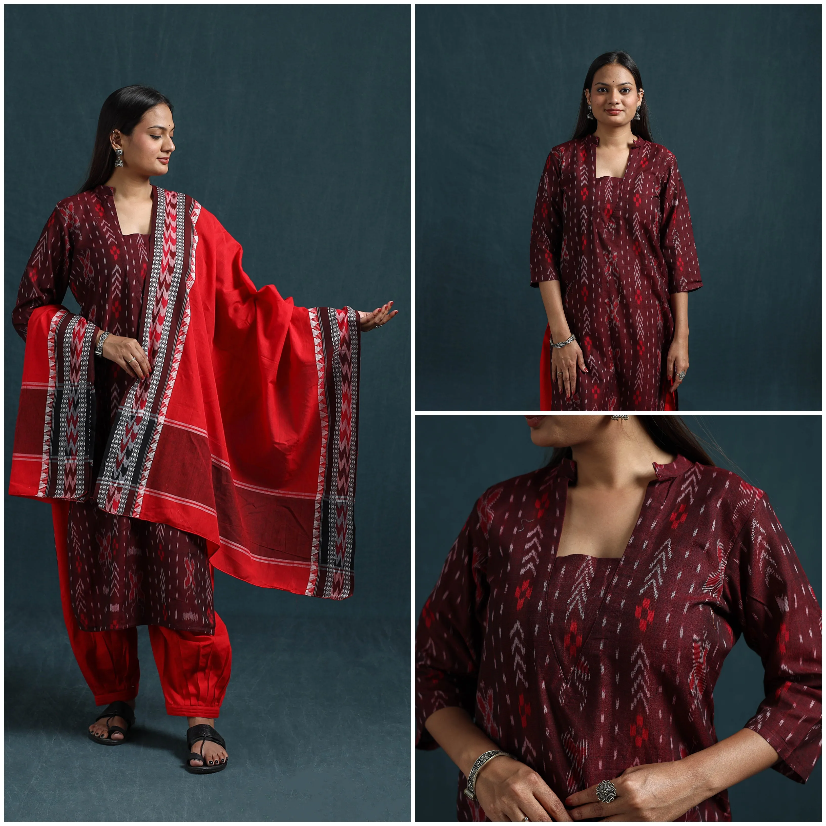Maroon - Sambalpuri Ikat Pure Cotton Suit Set with Dupatta for women 01 sold by Itokri product image thumbnail 3