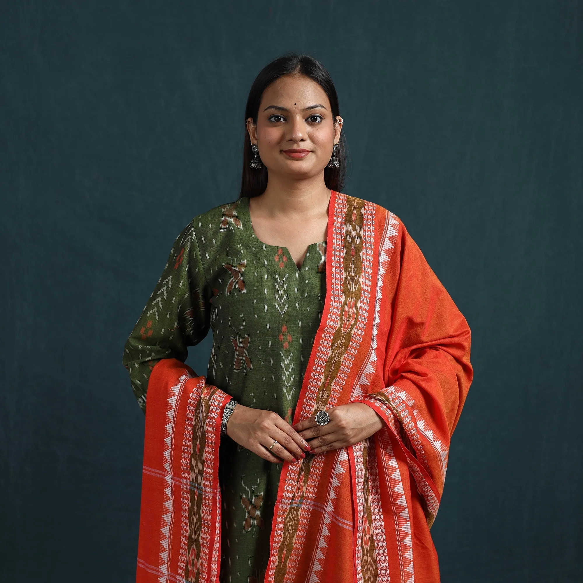 Green - Sambalpuri Ikat Pure Cotton Suit Set with Dupatta for women 06 sold by Itokri product image thumbnail 2