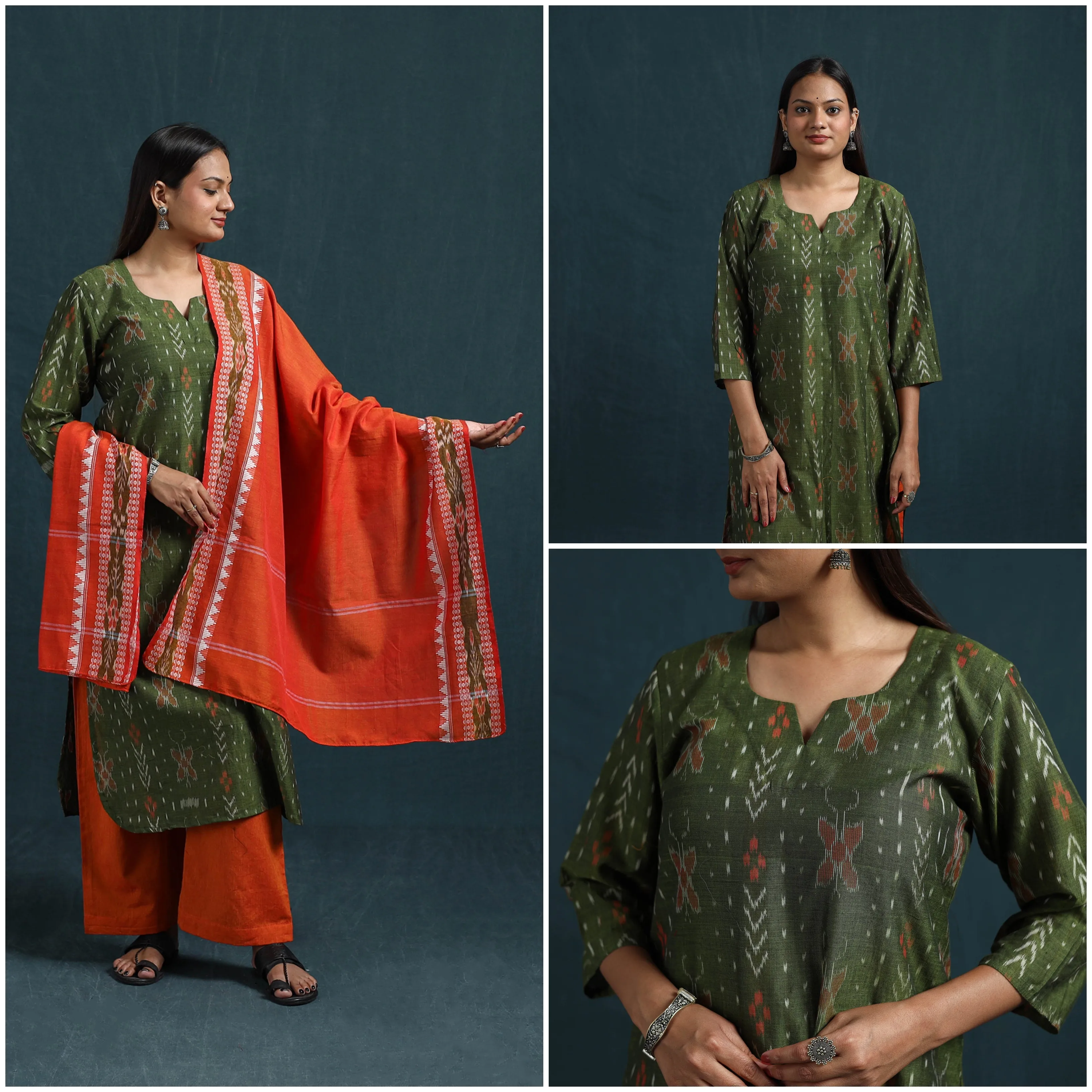 Green - Sambalpuri Ikat Pure Cotton Suit Set with Dupatta for women 06 sold by Itokri product image thumbnail 3