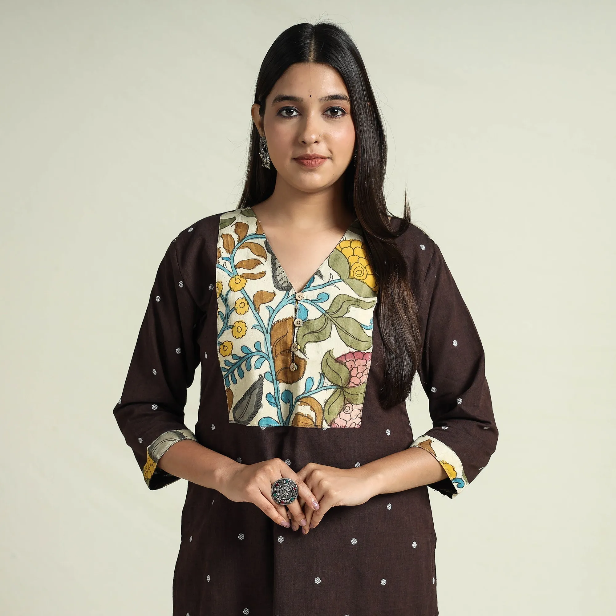 Beige - Dark Brown - Srikalahasti Kalamkari Patchwork Jacquard Cotton Long Straight Kurta sold by Itokri product image thumbnail 3