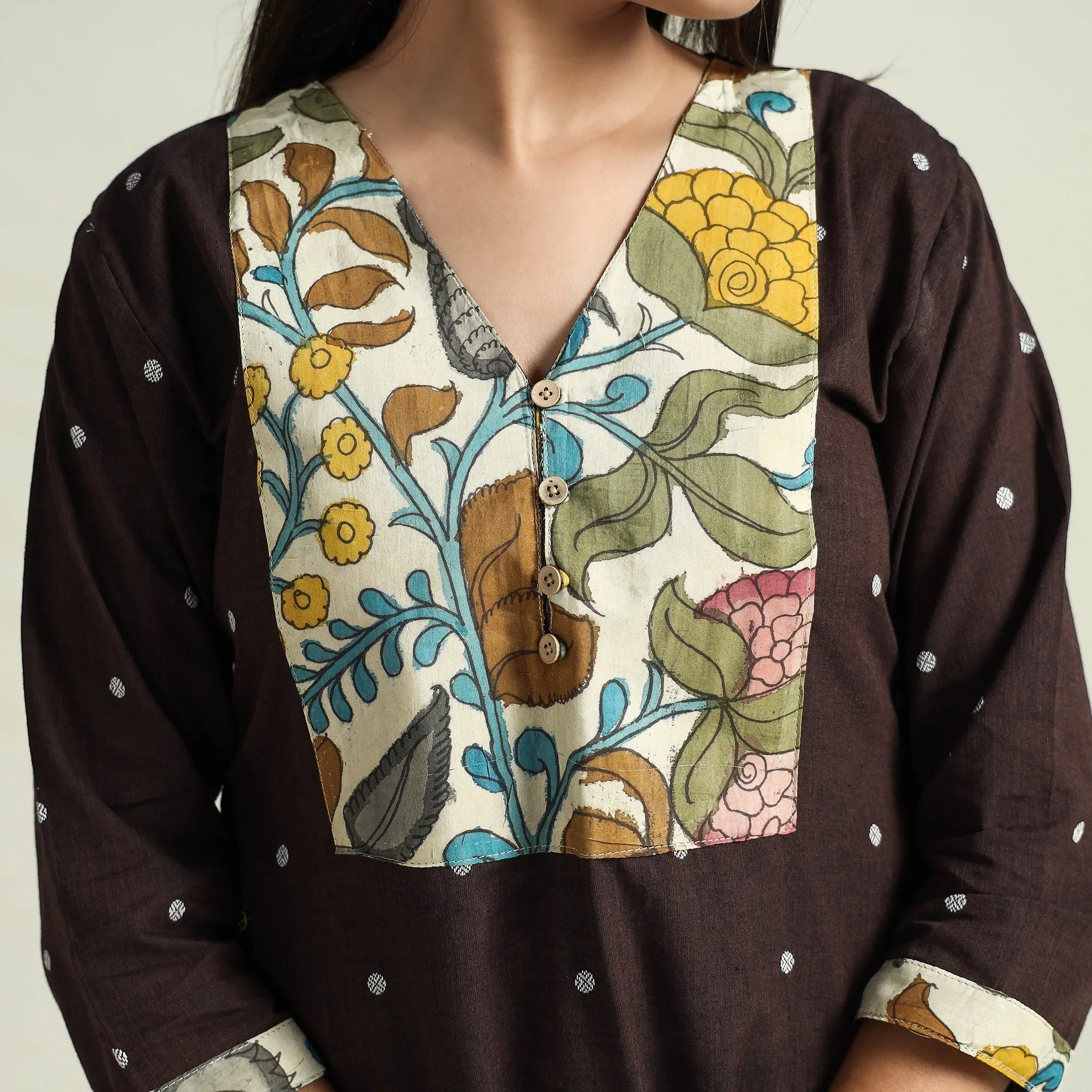 Beige - Dark Brown - Srikalahasti Kalamkari Patchwork Jacquard Cotton Long Straight Kurta sold by Itokri product image thumbnail 4