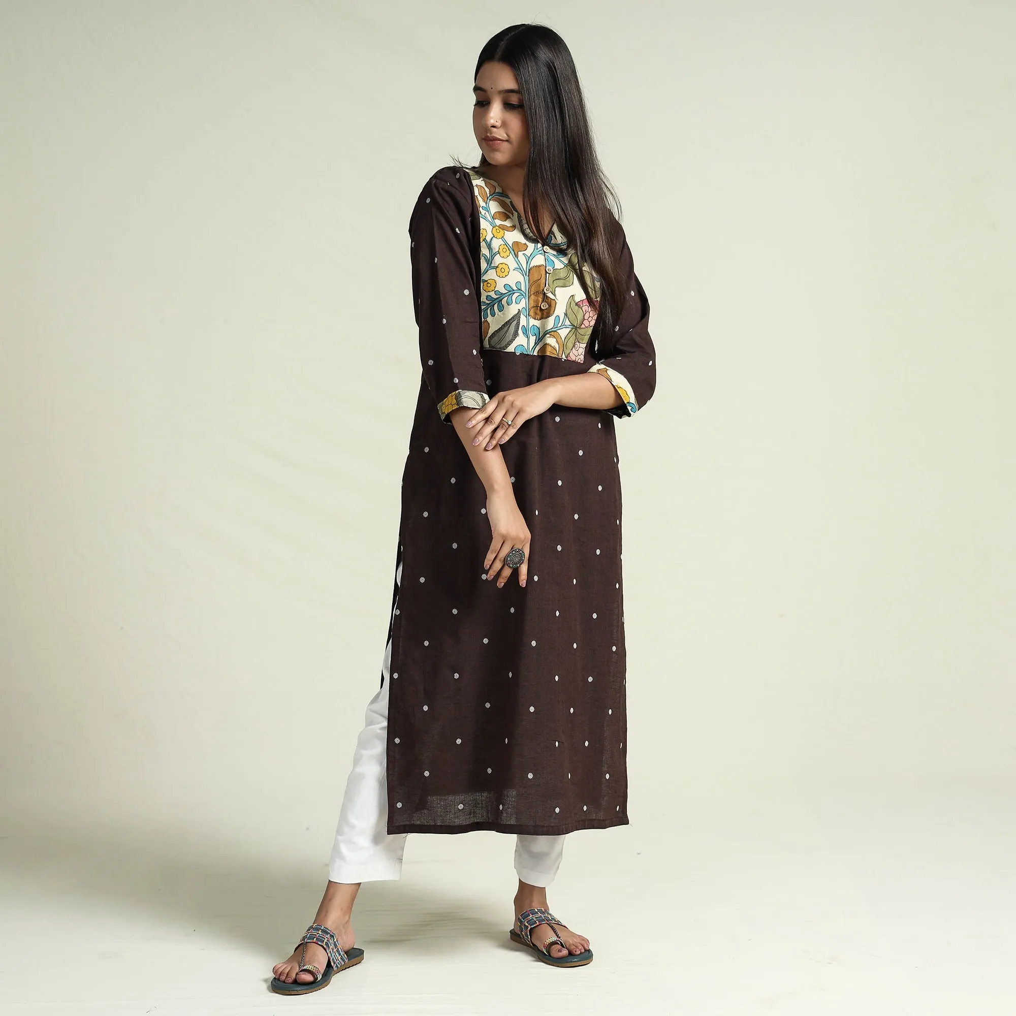 Beige - Dark Brown - Srikalahasti Kalamkari Patchwork Jacquard Cotton Long Straight Kurta sold by Itokri product image thumbnail 2