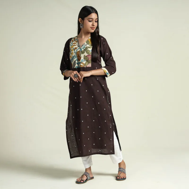 Beige - Dark Brown - Srikalahasti Kalamkari Patchwork Jacquard Cotton Long Straight Kurta made by Itokri