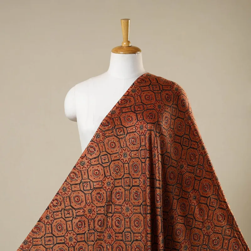 Orange - Natural Dyed Hand Block Print Modal Silk Ajrakh Fabric 25 made by Itokri
