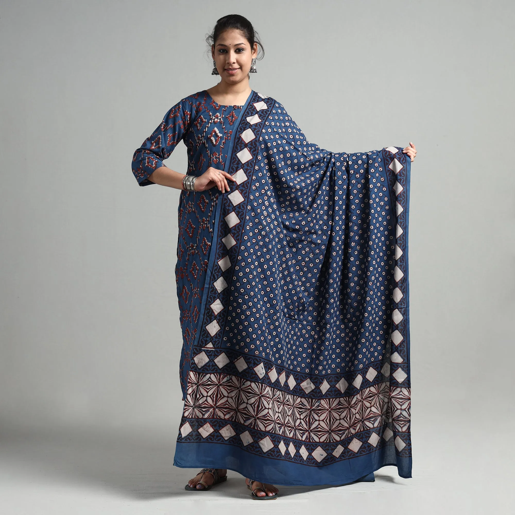 Blue - Indigo - Pipad Block Printed Cotton Kurta with Palazzo & Dupatta Set sold by Itokri