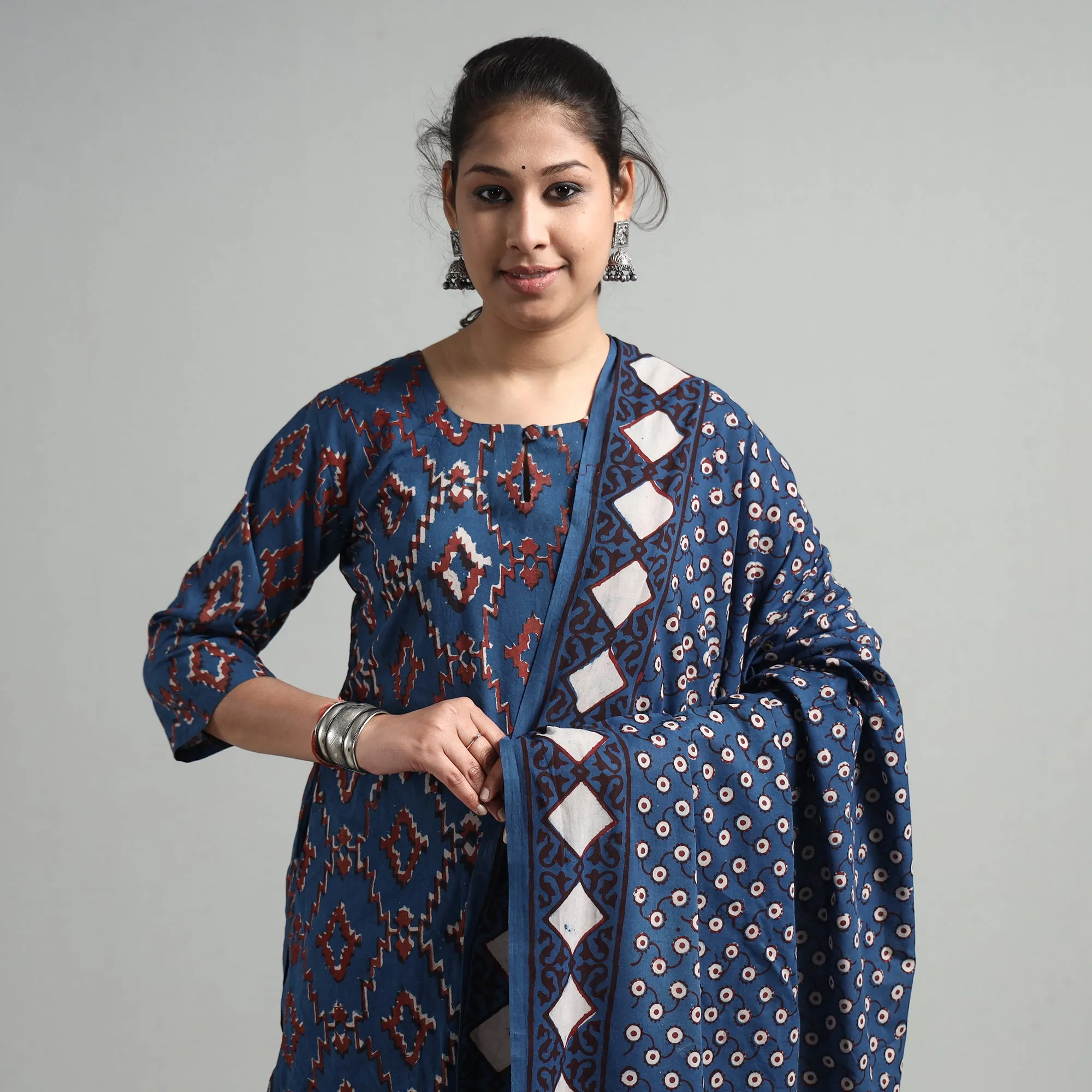 Blue - Indigo - Pipad Block Printed Cotton Kurta with Palazzo & Dupatta Set sold by Itokri product image thumbnail 3